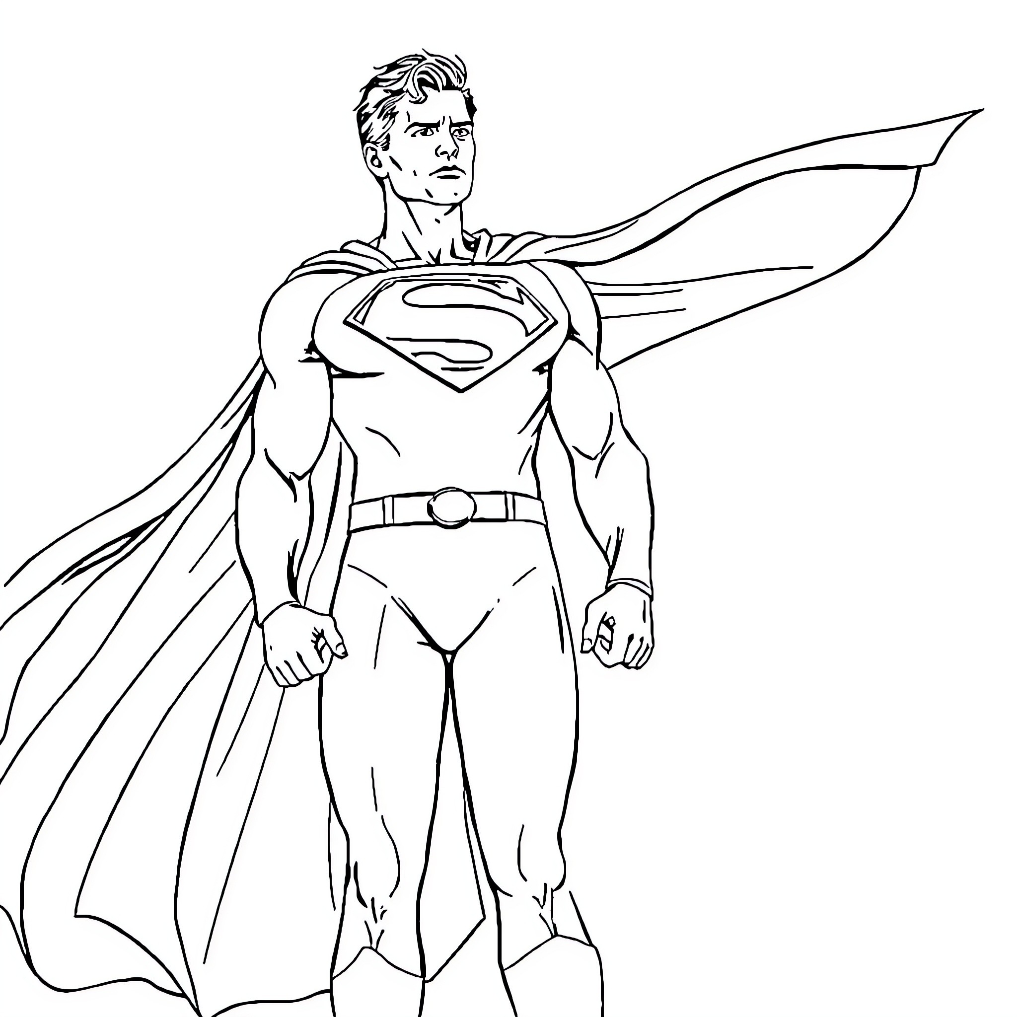 Superman in heroic pose with cape Coloring Page (free black-and-white line drawing printable PDF for all, from beginners to advanced learners, including children, teens, adults, and seniors)