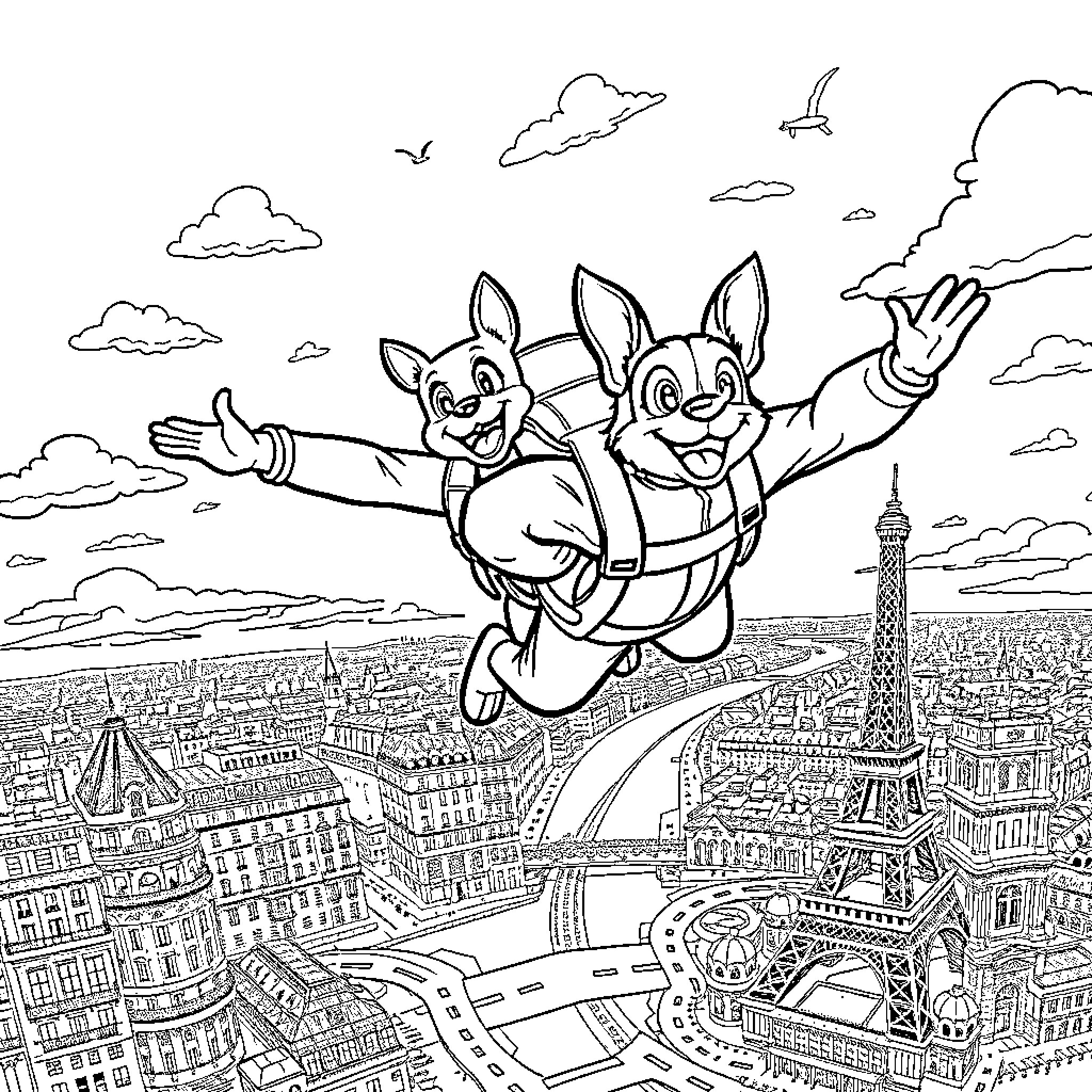 Bluey's High-Flying Adventurers Over Paris Coloring Page (free black-and-white line drawing printable PDF for all, from beginners to advanced learners, including children, teens, adults, and seniors)