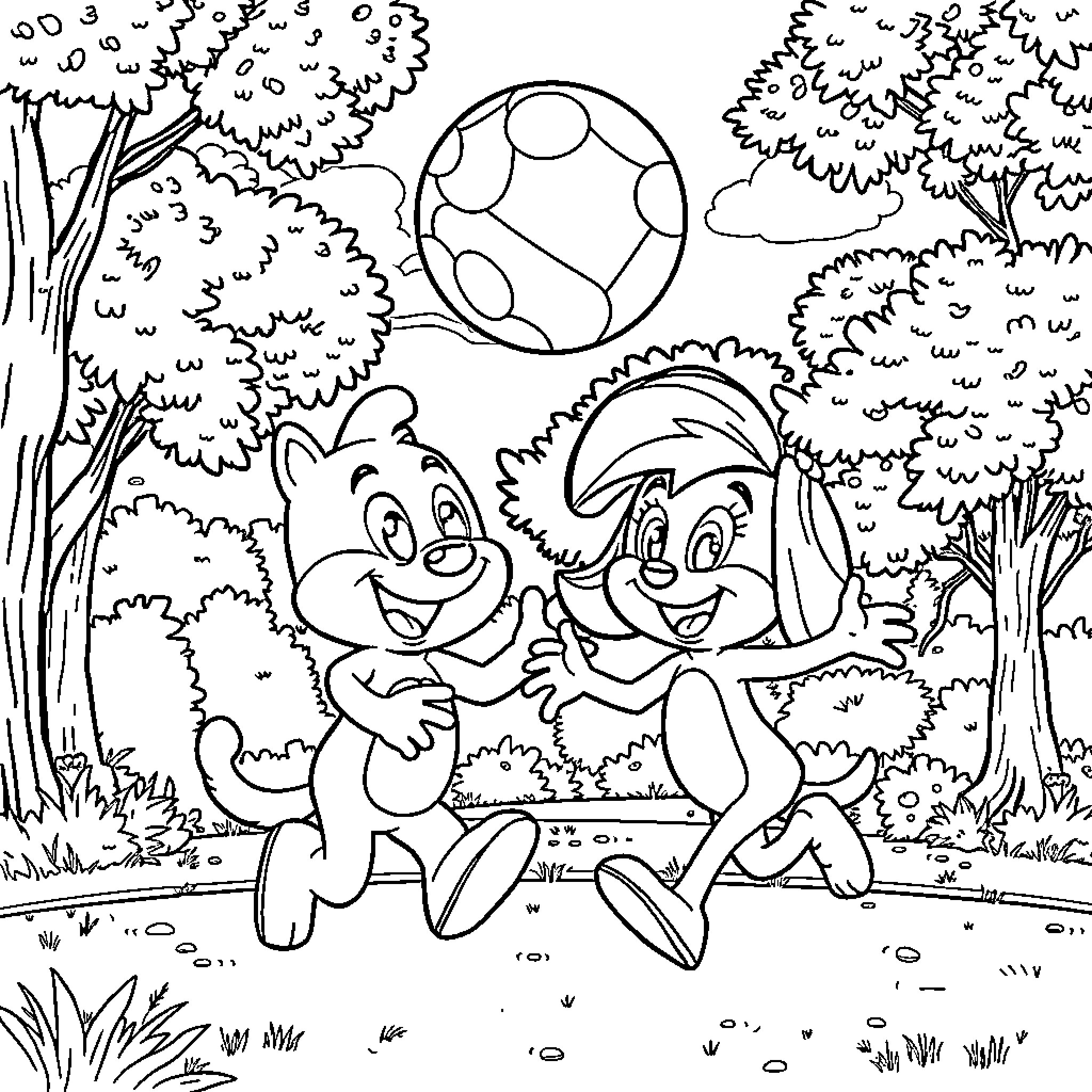 Bluey siblings playing happily in the park Coloring Page (free black-and-white line drawing printable PDF for all, from beginners to advanced learners, including children, teens, adults, and seniors)