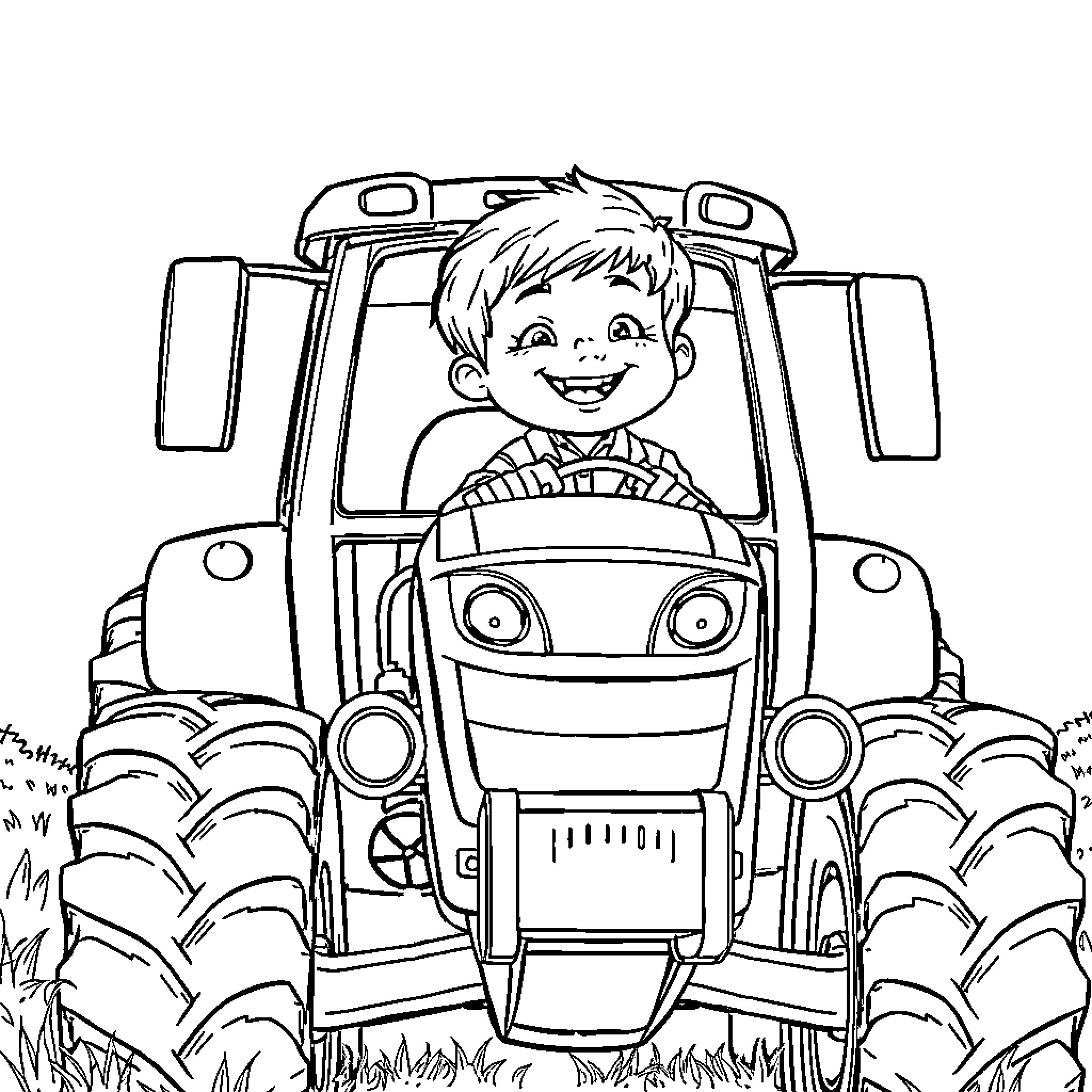 Child driving tractor happily in the field Coloring Page (free black-and-white line drawing printable PDF for all, from beginners to advanced learners, including children, teens, adults, and seniors)