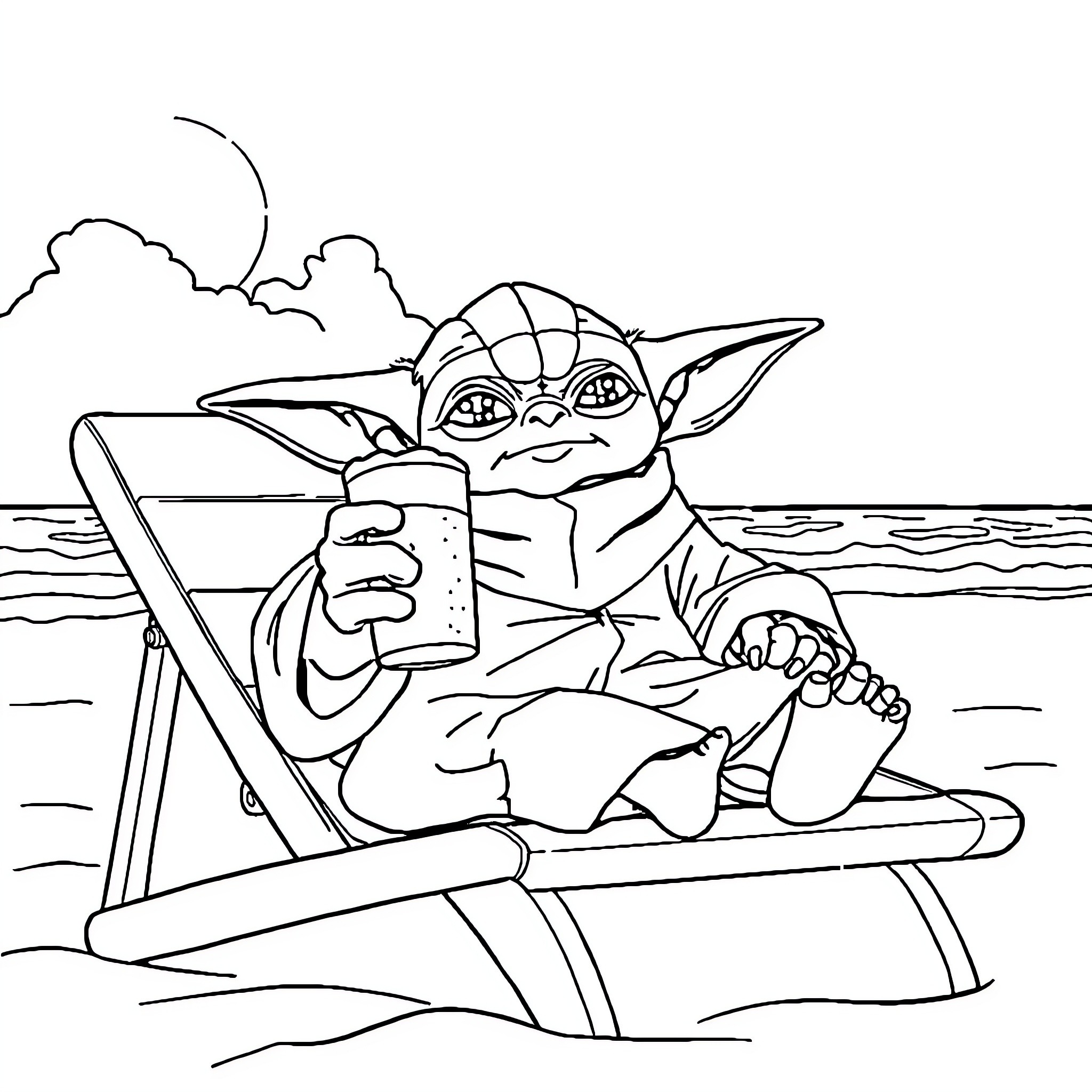 Yoda relaxing on a beach chair Coloring Page (free black-and-white line drawing printable PDF for all, from beginners to advanced learners, including children, teens, adults, and seniors)
