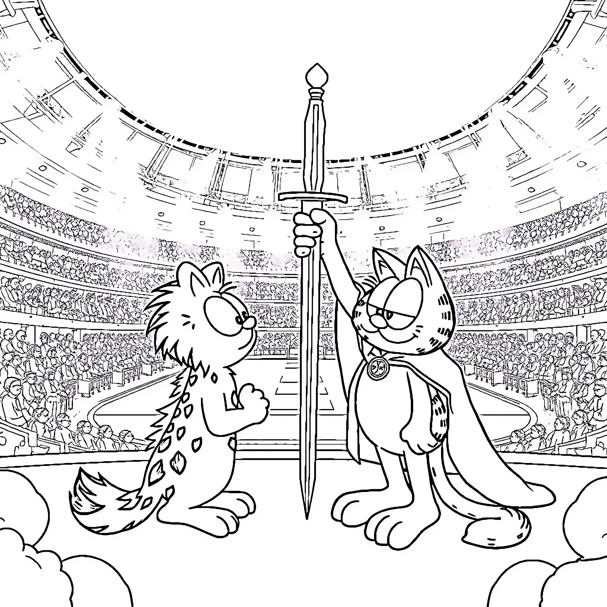 Labubu's Heroic Duo: Cats Wielding Sword and Shield Coloring Page (free black-and-white line drawing printable PDF for all, from beginners to advanced learners, including children, teens, adults, and seniors)