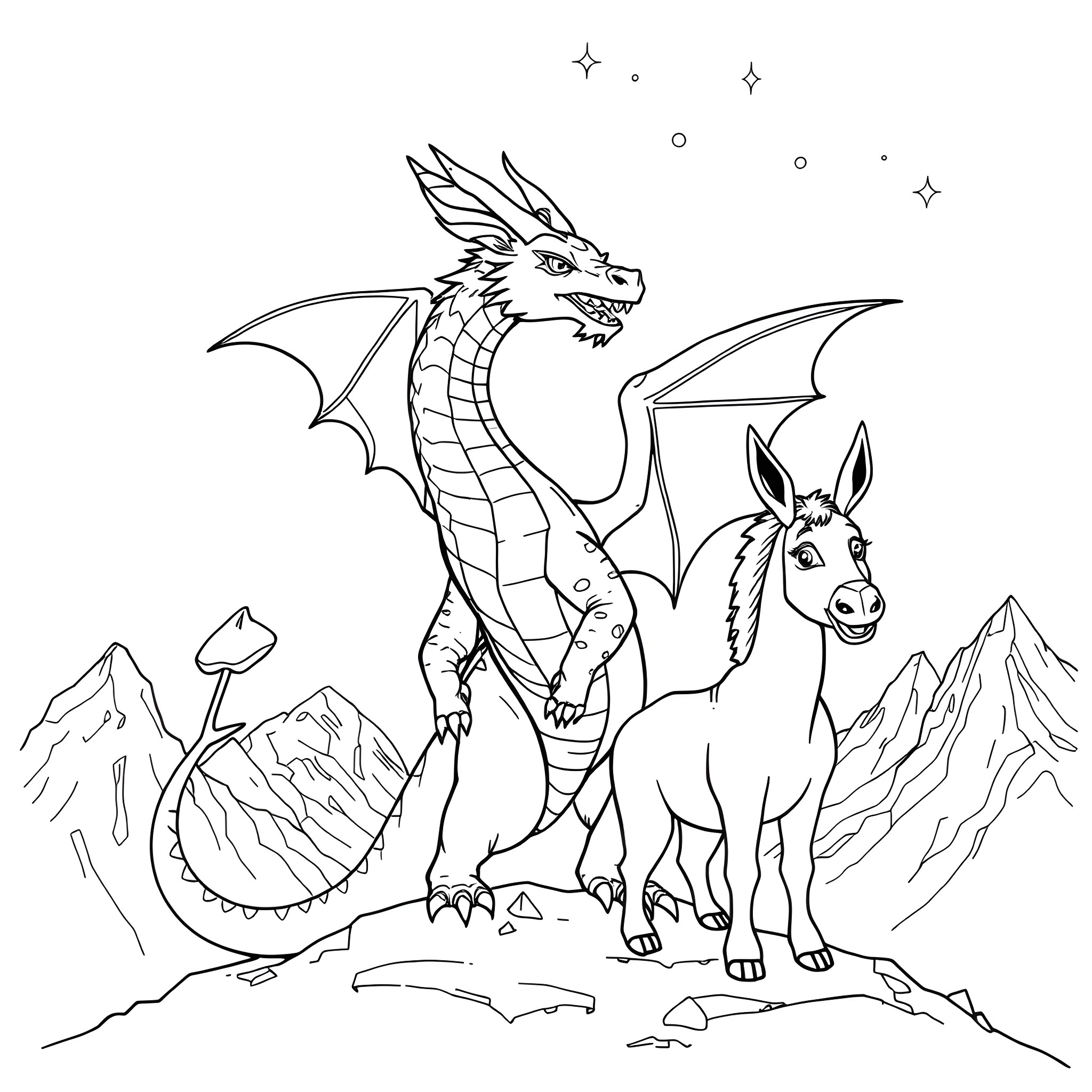 Dragon and Mystical Creature in Mountainous Landscape Coloring Page (free black-and-white line drawing printable PDF for all, from beginners to advanced learners, including children, teens, adults, and seniors)