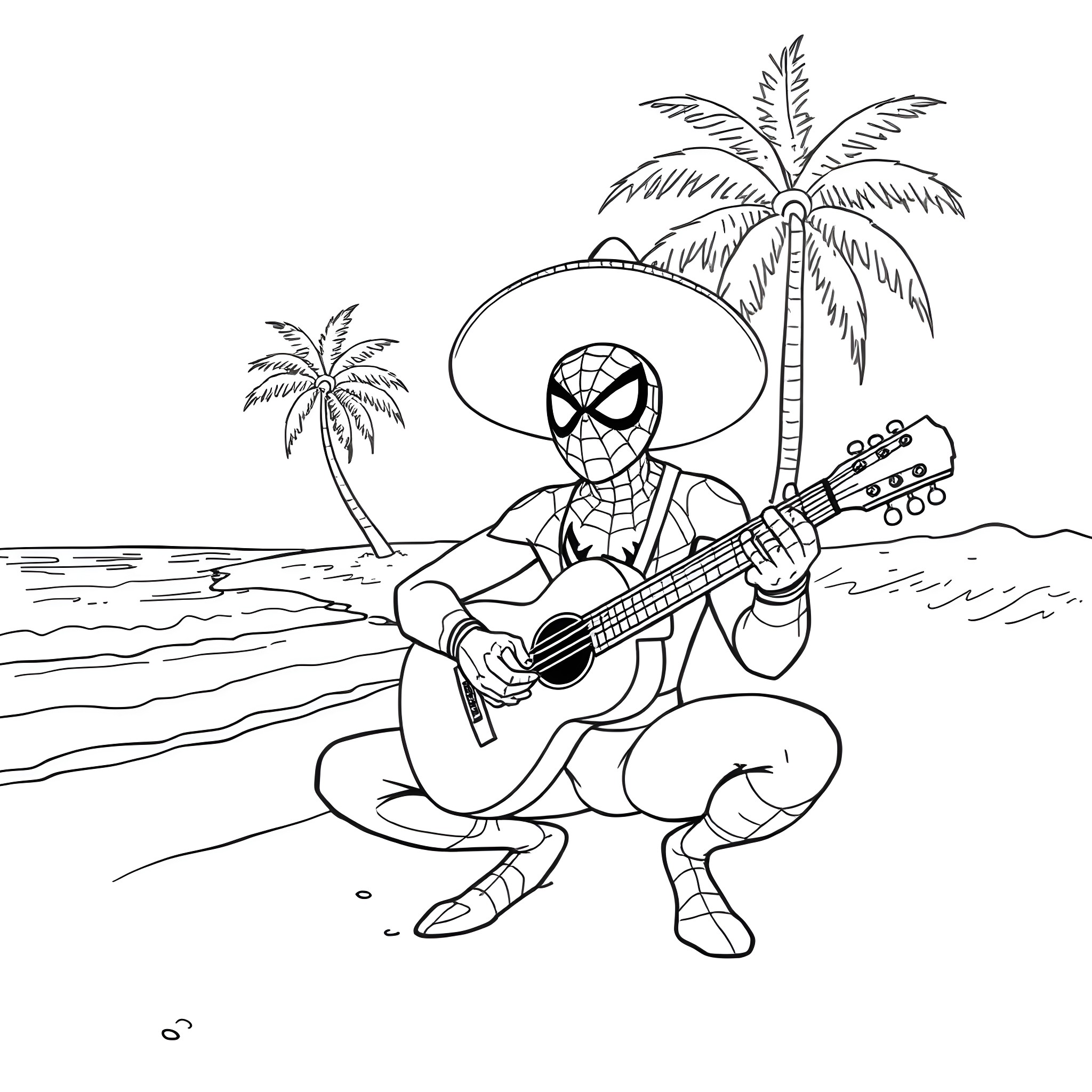 Spiderman playing guitar on a tropical beach Coloring Page (free black-and-white line drawing printable PDF for all, from beginners to advanced learners, including children, teens, adults, and seniors)