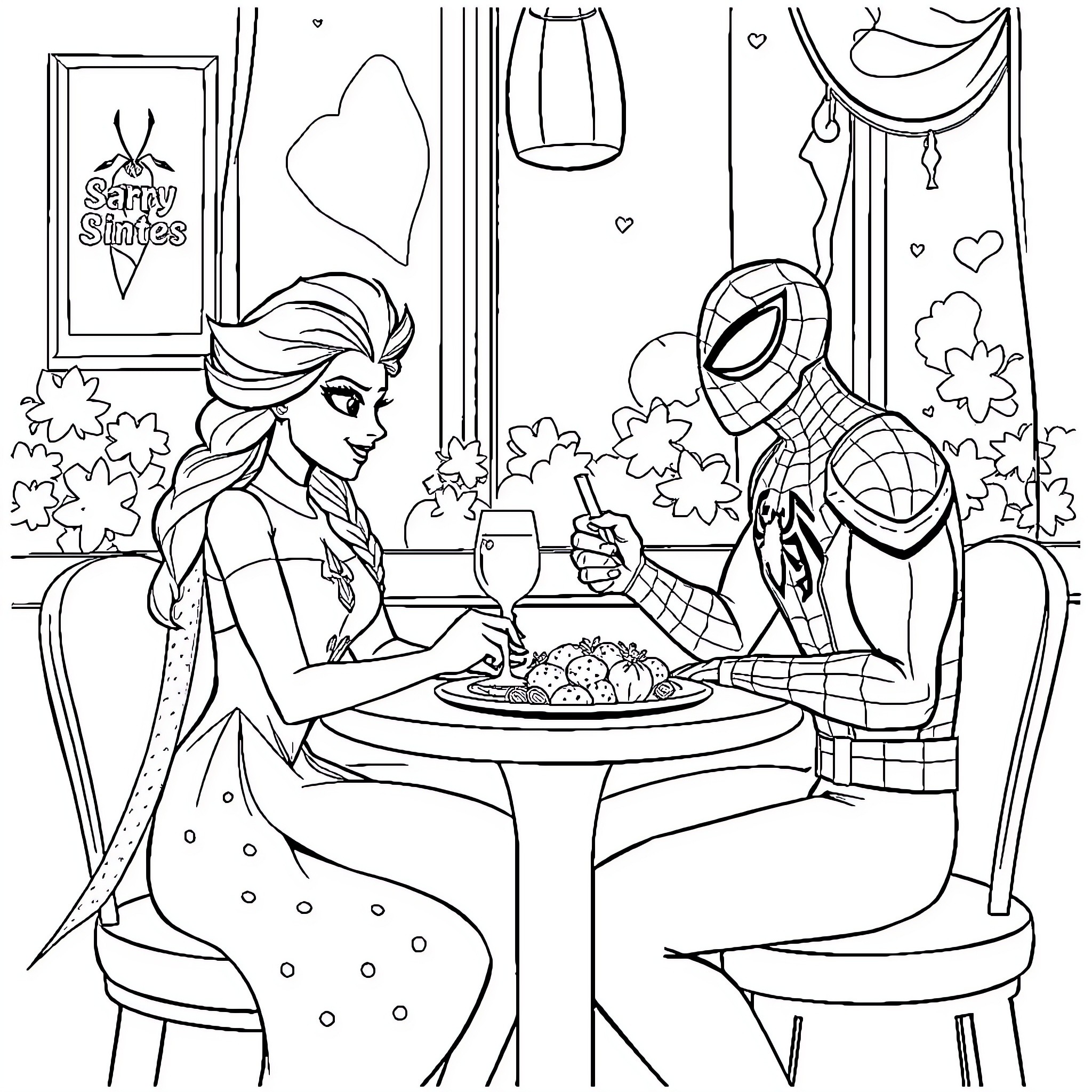 Elsa and Spider-Man share a meal together Coloring Page (free black-and-white line drawing printable PDF for all, from beginners to advanced learners, including children, teens, adults, and seniors)