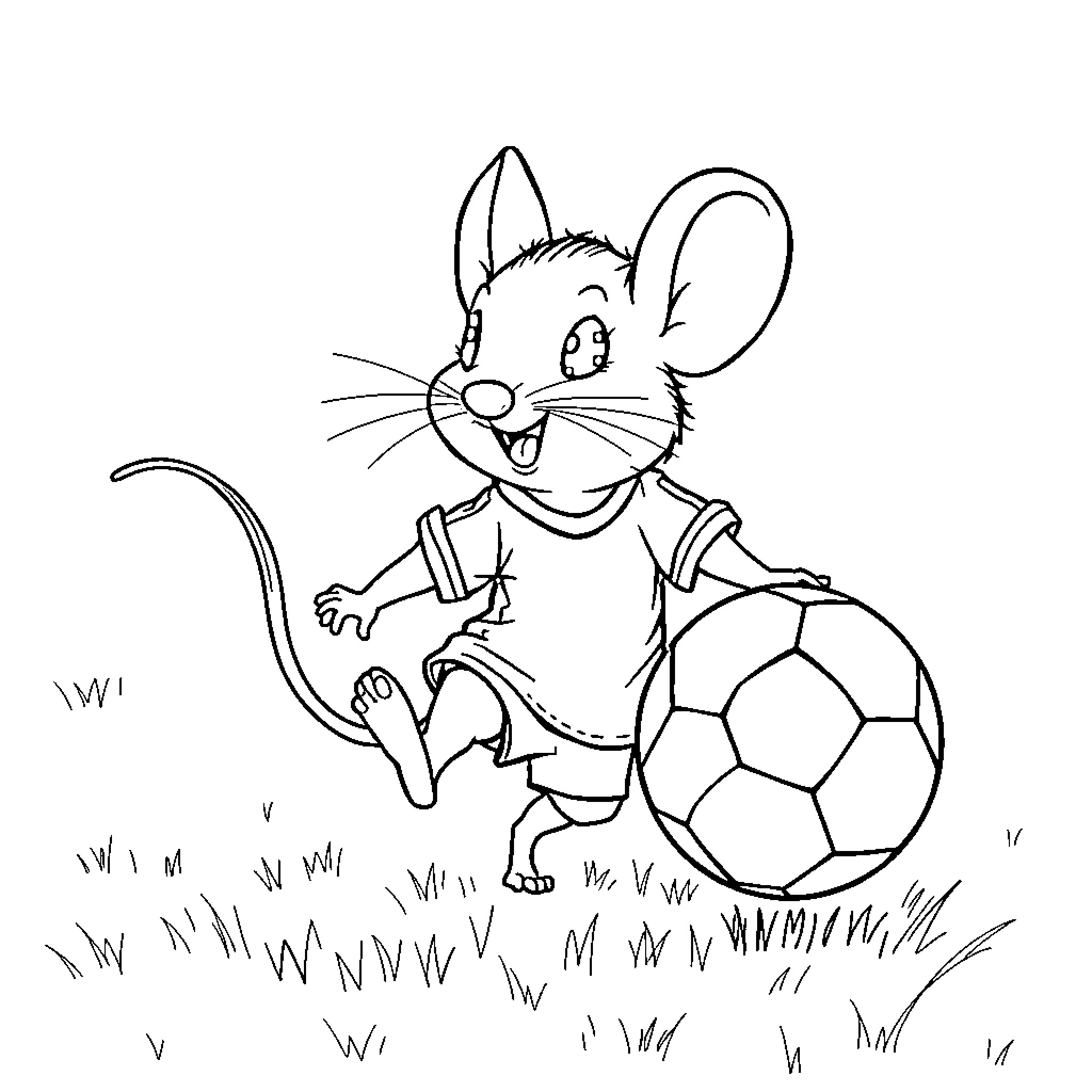 Mouse playing with soccer ball on grassy field Coloring Page (free black-and-white line drawing printable PDF for all, from beginners to advanced learners, including children, teens, adults, and seniors)