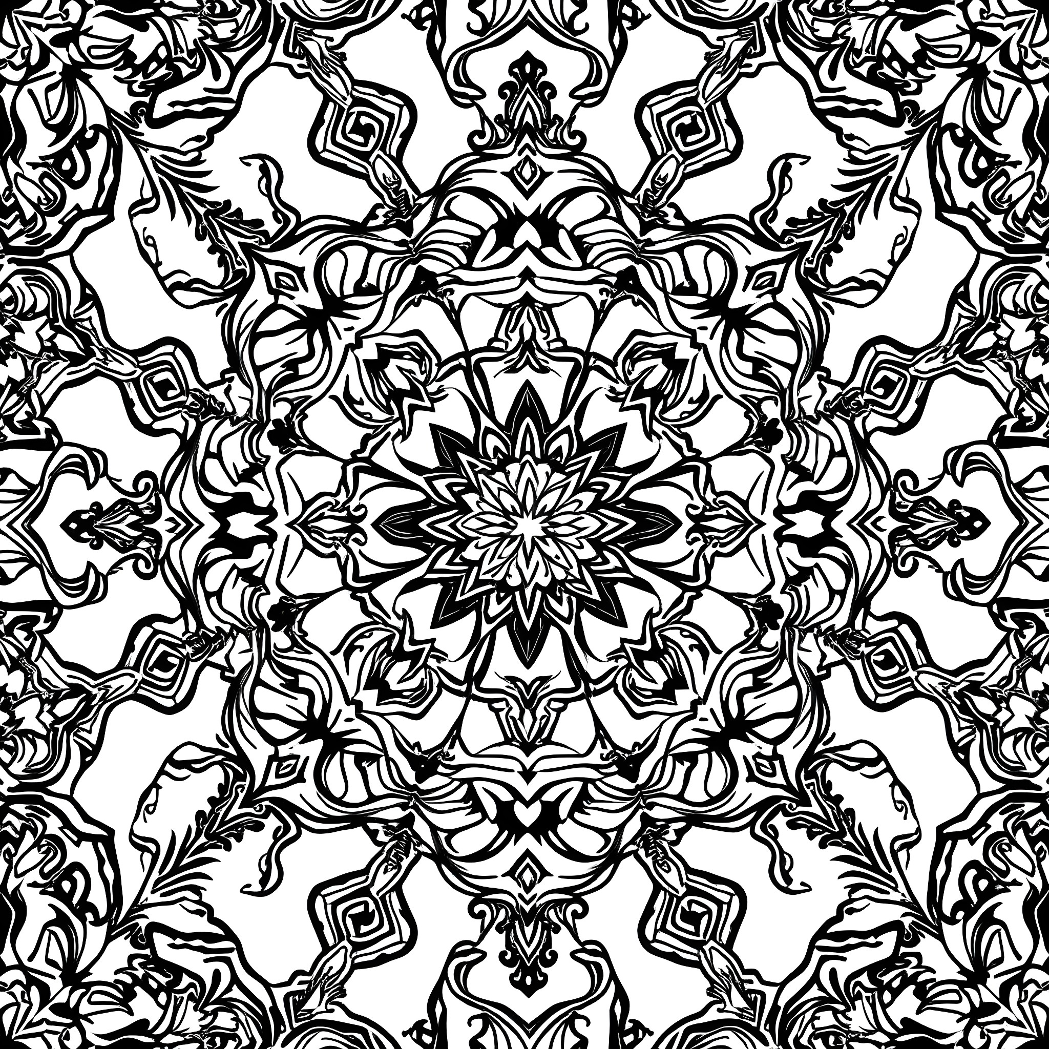 Mosaic of Intricate Floral Patterns Coloring Page (free black-and-white line drawing printable PDF for all, from beginners to advanced learners, including children, teens, adults, and seniors)