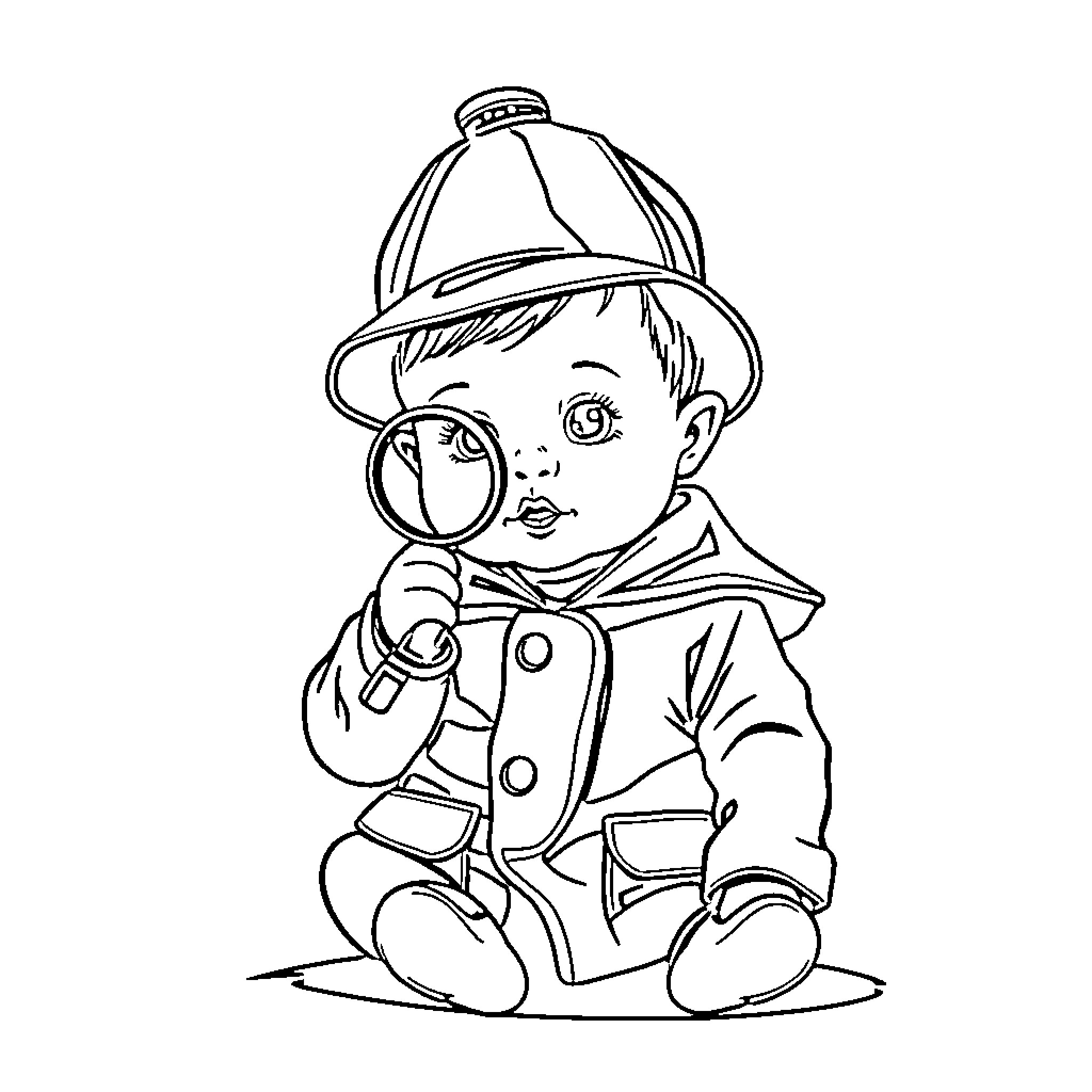 Baby Exploring Curiously with Magnifying Glass Coloring Page (free black-and-white line drawing printable PDF for all, from beginners to advanced learners, including children, teens, adults, and seniors)
