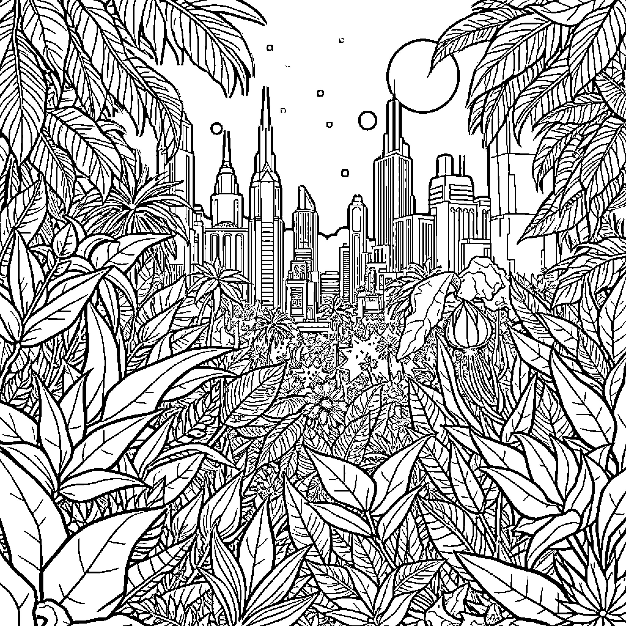 Jungle Cityscape with Intricate Foliage Coloring Page (free black-and-white line drawing printable PDF for all, from beginners to advanced learners, including children, teens, adults, and seniors)