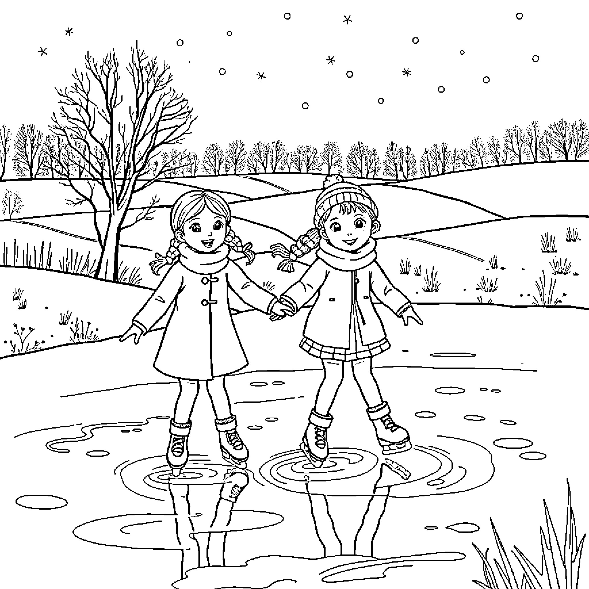 Girls ice skating on a frozen pond Coloring Page (free black-and-white line drawing printable PDF for all, from beginners to advanced learners, including children, teens, adults, and seniors)