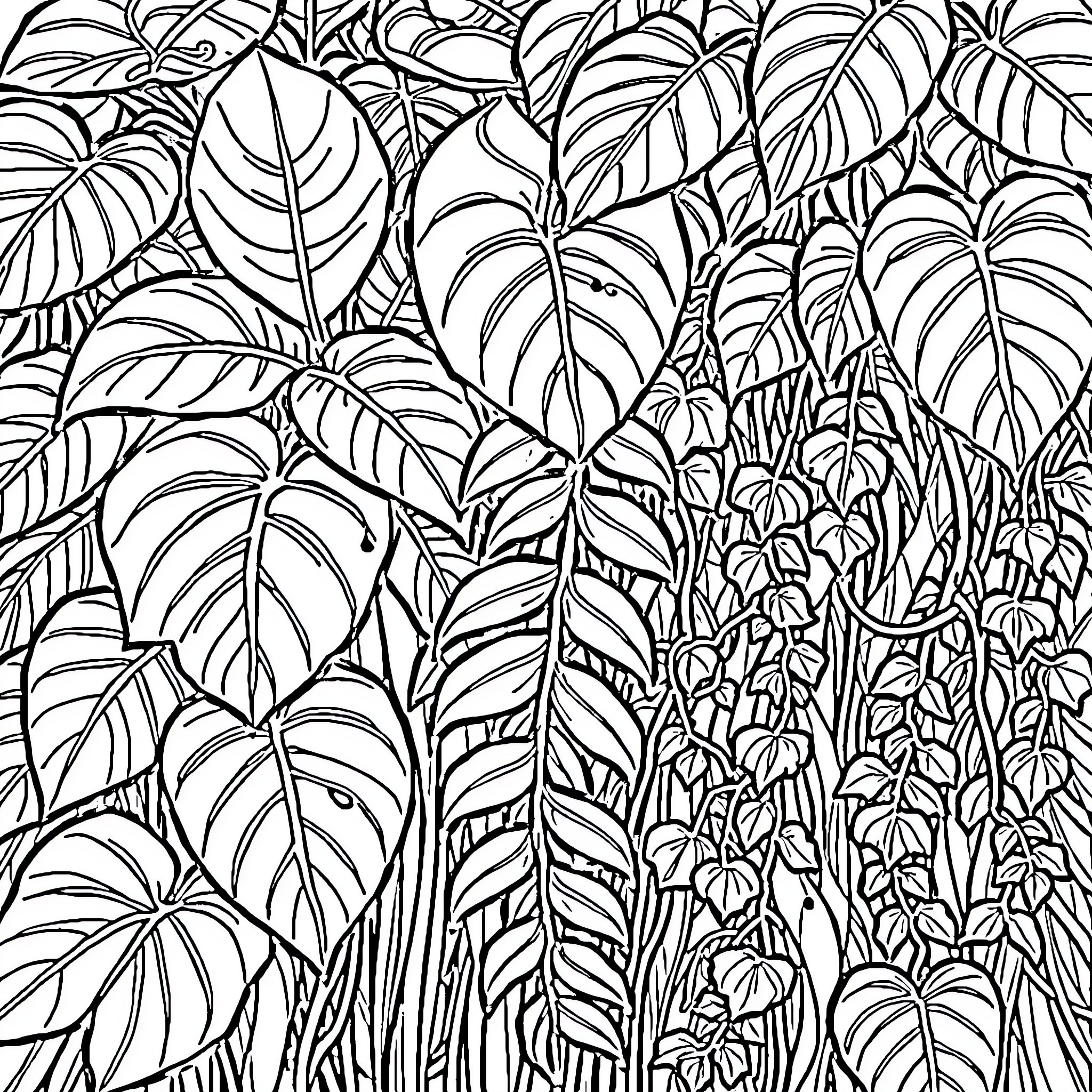 Plant-filled tropical jungle scene Coloring Page (free black-and-white line drawing printable PDF for all, from beginners to advanced learners, including children, teens, adults, and seniors)