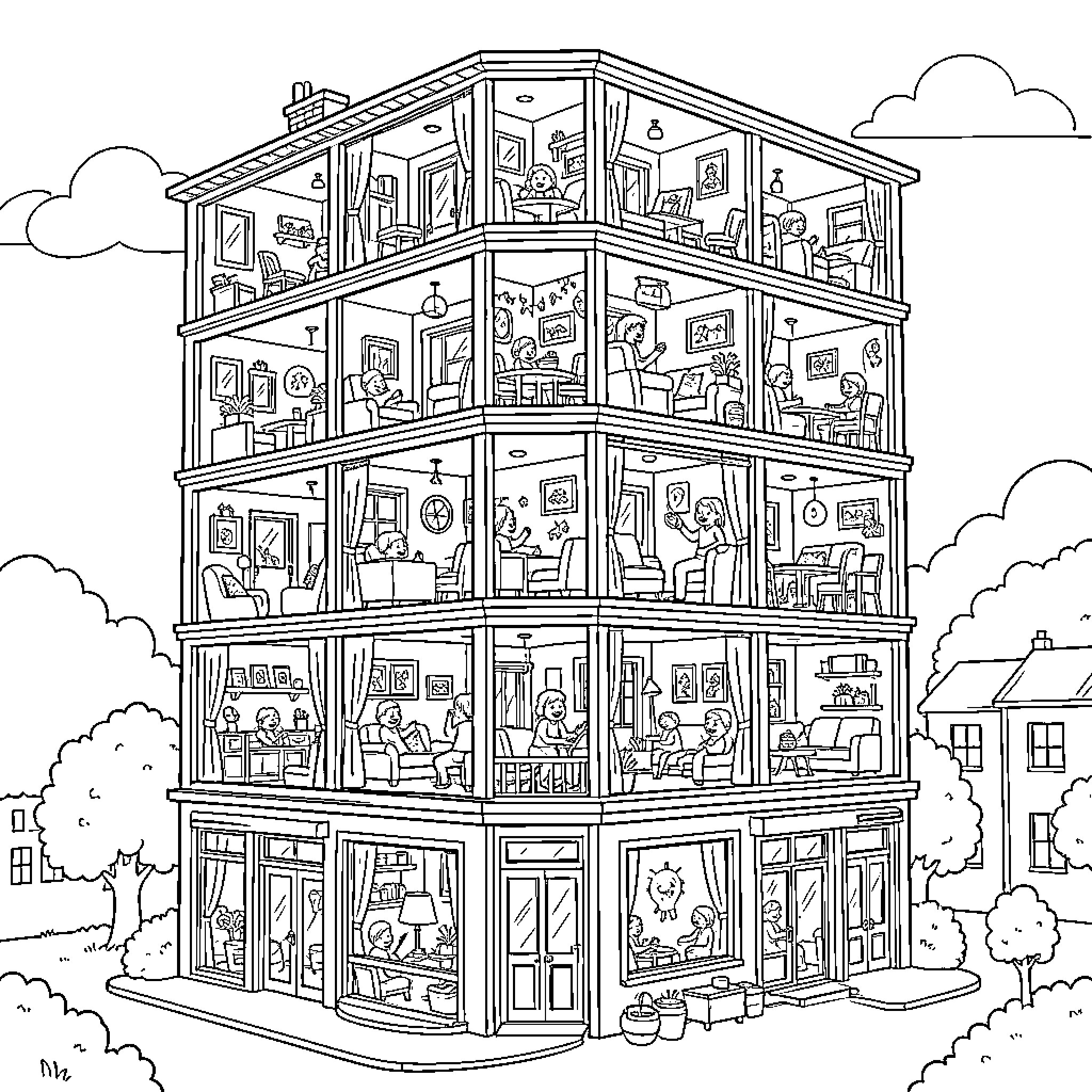 Building with bustling activity in every room Coloring Page (free black-and-white line drawing printable PDF for all, from beginners to advanced learners, including children, teens, adults, and seniors)