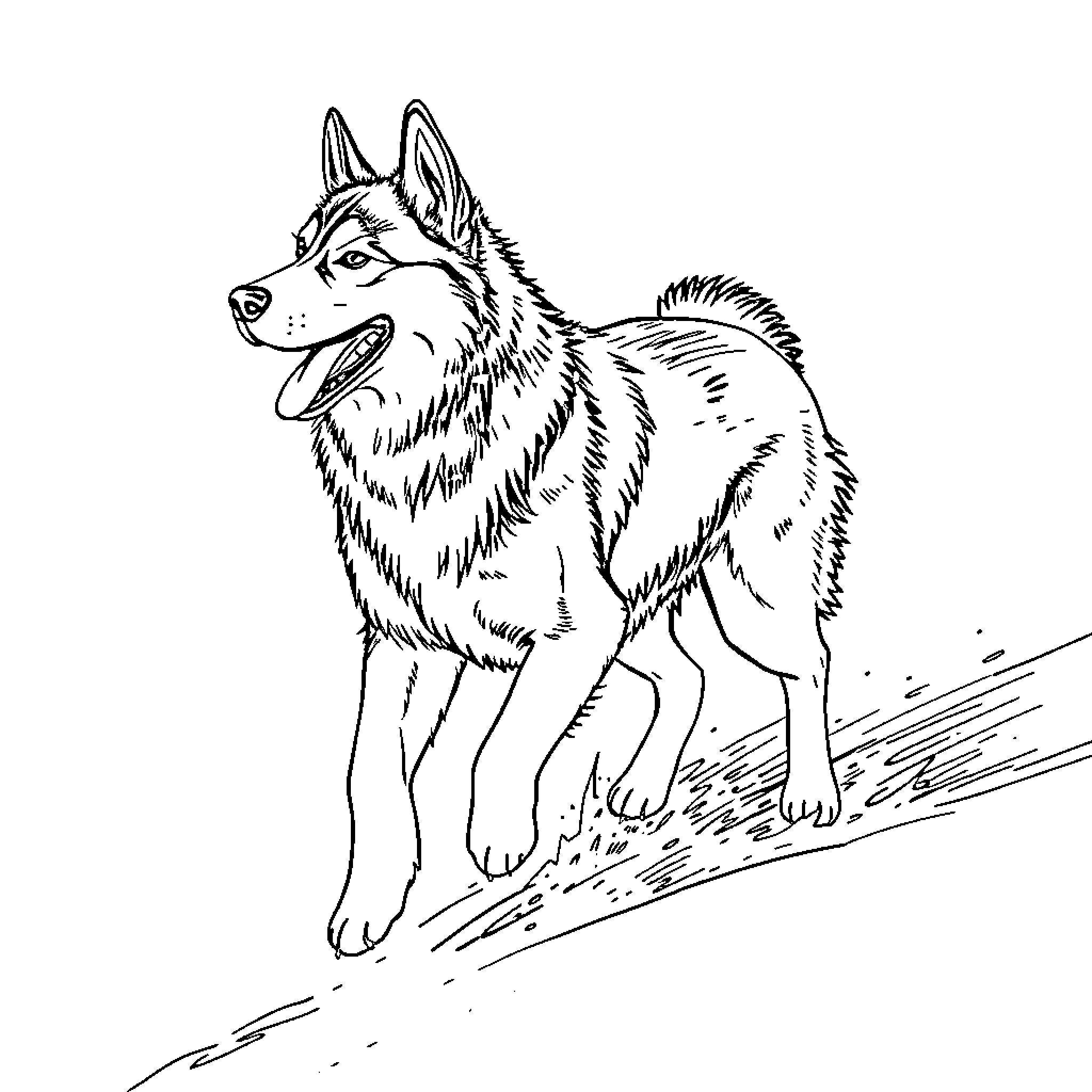 Husky canine exploring the outdoors Coloring Page (free black-and-white line drawing printable PDF for all, from beginners to advanced learners, including children, teens, adults, and seniors)