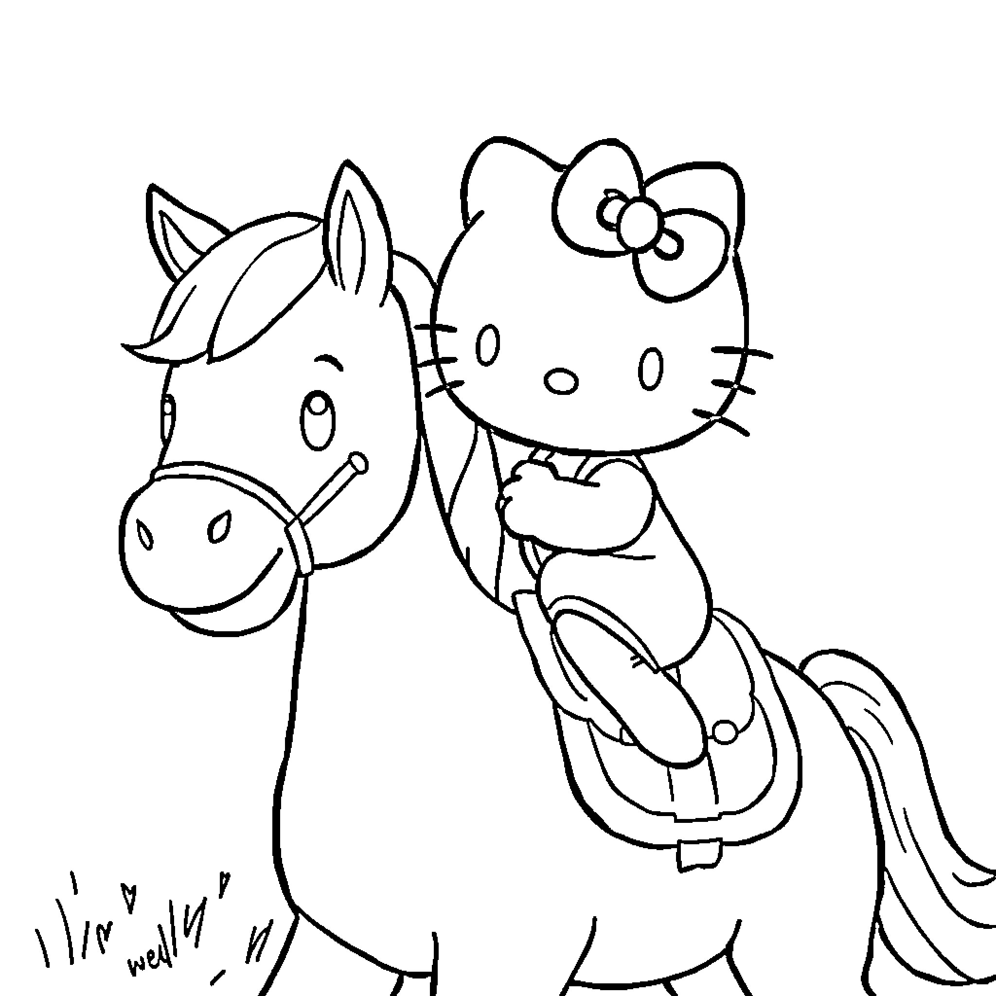 Hello Kitty rides a pony Coloring Page (free black-and-white line drawing printable PDF for all, from beginners to advanced learners, including children, teens, adults, and seniors)