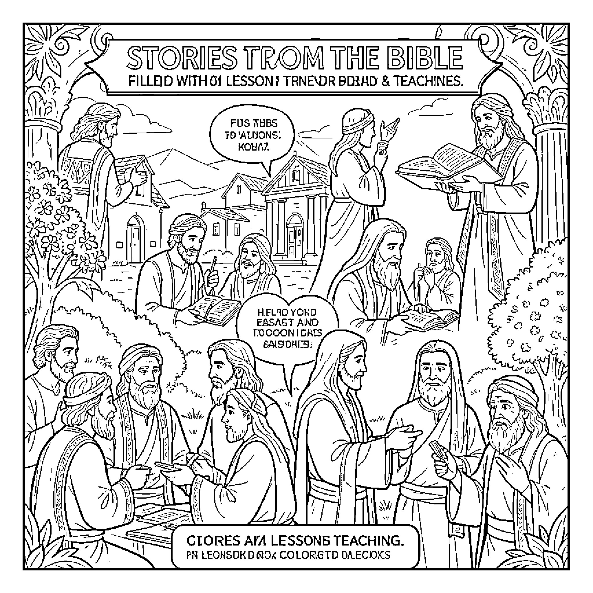 Bible Stories of men gathering to read and teach Coloring Page (free black-and-white line drawing printable PDF for all, from beginners to advanced learners, including children, teens, adults, and seniors)