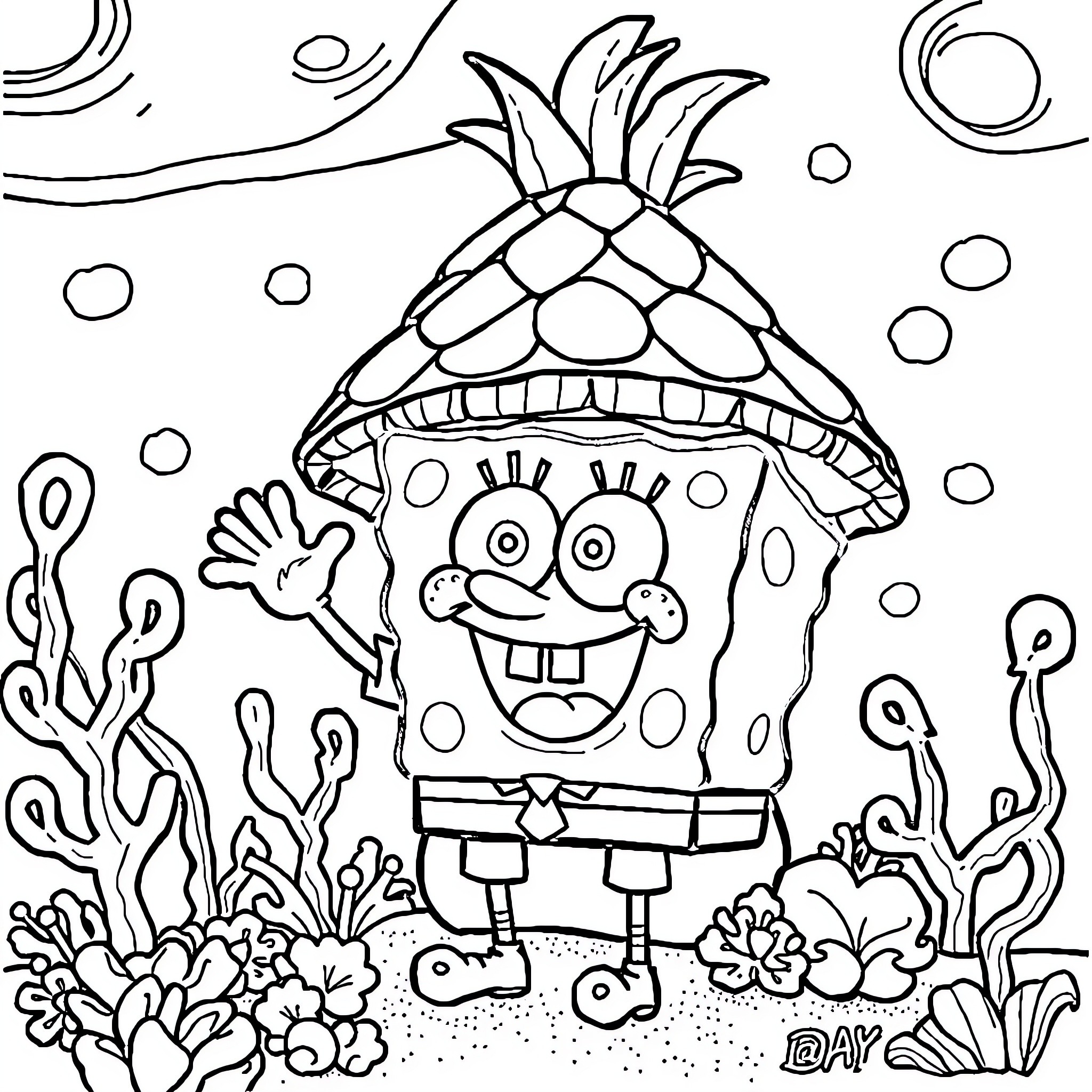 Spongebob exploring the underwater world Coloring Page (free black-and-white line drawing printable PDF for all, from beginners to advanced learners, including children, teens, adults, and seniors)