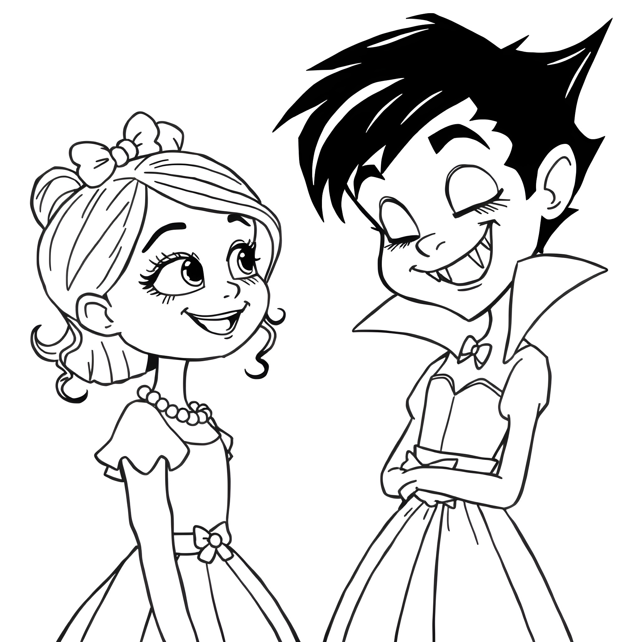 Vampire couple dressed in formal attire Coloring Page (free black-and-white line drawing printable PDF for all, from beginners to advanced learners, including children, teens, adults, and seniors)