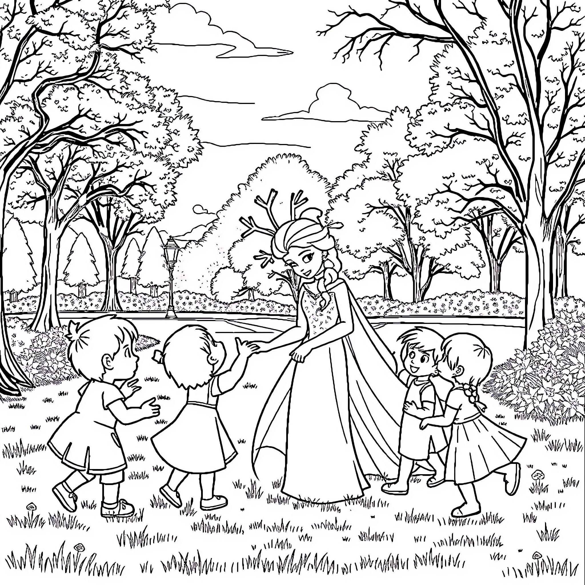 Elsa's Serene Garden Adventure with Children Coloring Page (free black-and-white line drawing printable PDF for all, from beginners to advanced learners, including children, teens, adults, and seniors)