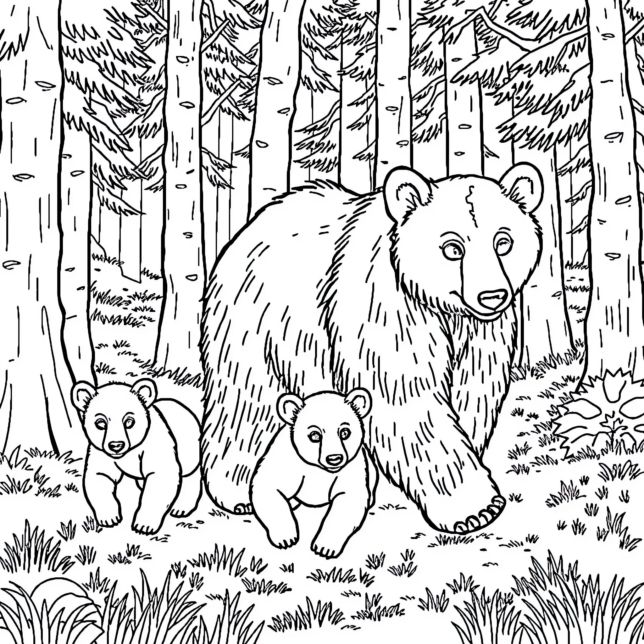Bear family in the forest Coloring Page (free black-and-white line drawing printable PDF for all, from beginners to advanced learners, including children, teens, adults, and seniors)