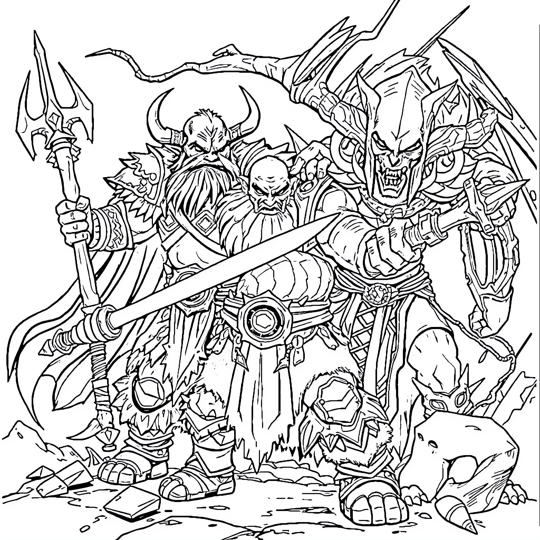 Thrall of the Dark Warriors in Rugged Terrain Coloring Page (free black-and-white line drawing printable PDF for all, from beginners to advanced learners, including children, teens, adults, and seniors)