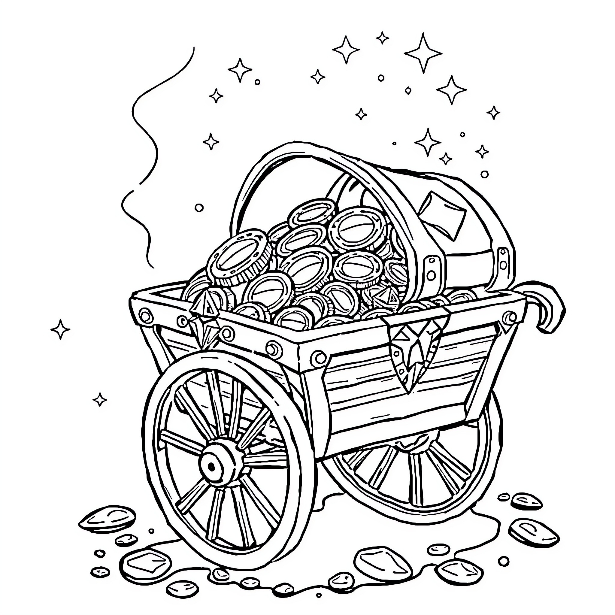 Treasure Cart Filled with Precious Coins and Gems Coloring Page (free black-and-white line drawing printable PDF for all, from beginners to advanced learners, including children, teens, adults, and seniors)