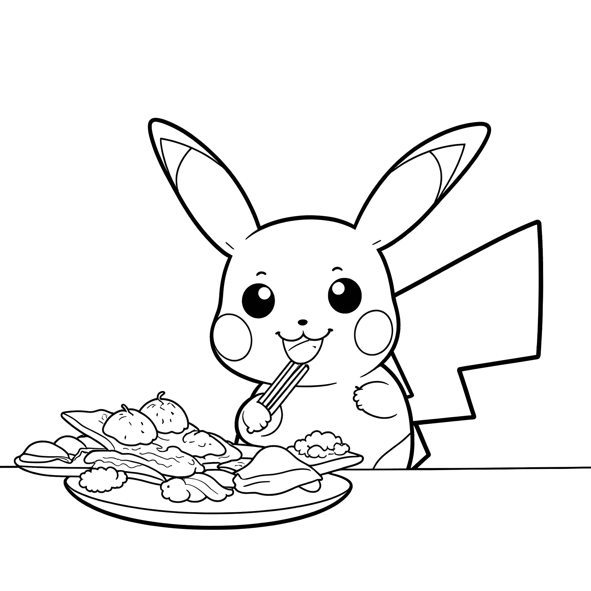 Pikachu enjoying a tasty meal Coloring Page (free black-and-white line drawing printable PDF for all, from beginners to advanced learners, including children, teens, adults, and seniors)