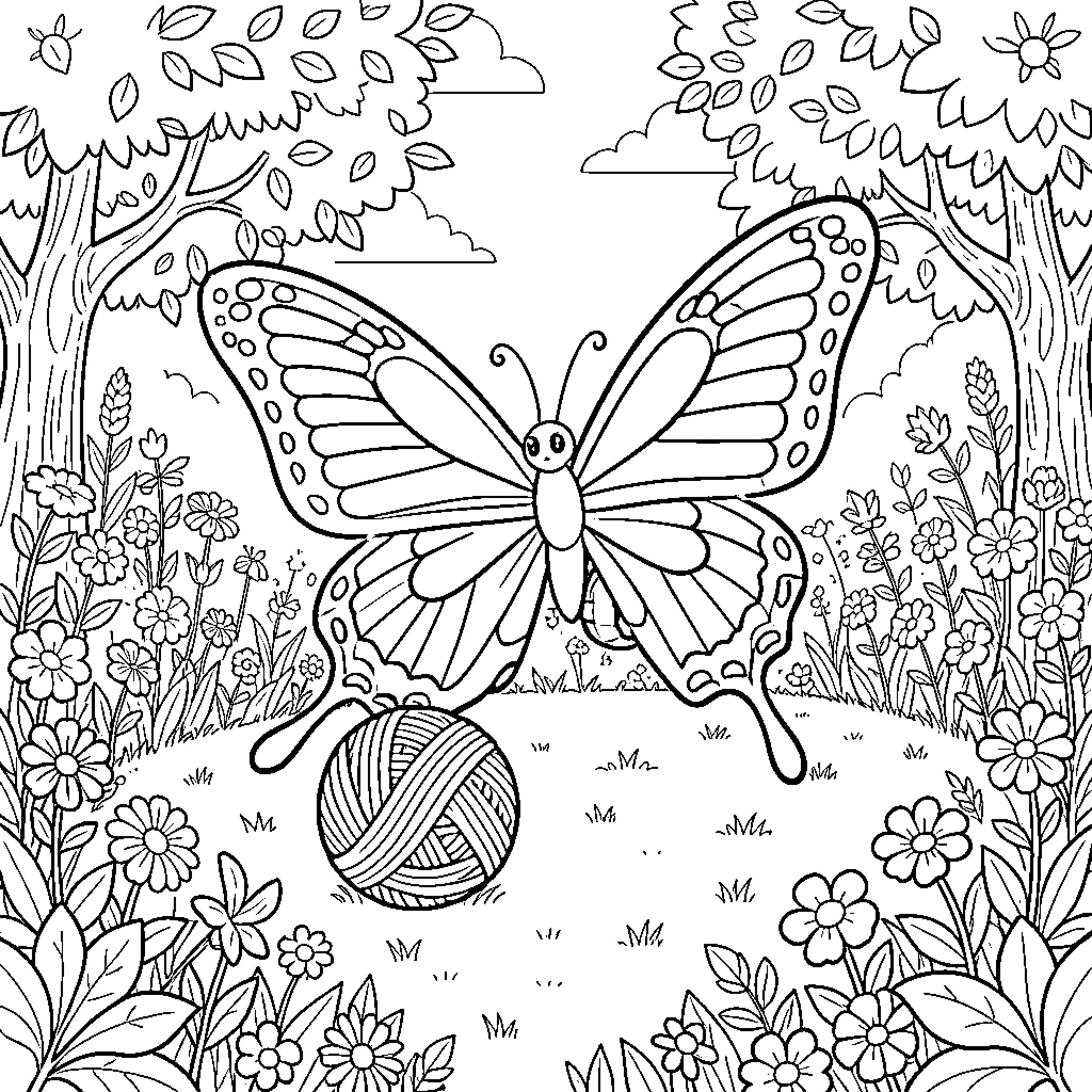Mariposa's enchanting garden adventure Coloring Page (free black-and-white line drawing printable PDF for all, from beginners to advanced learners, including children, teens, adults, and seniors)