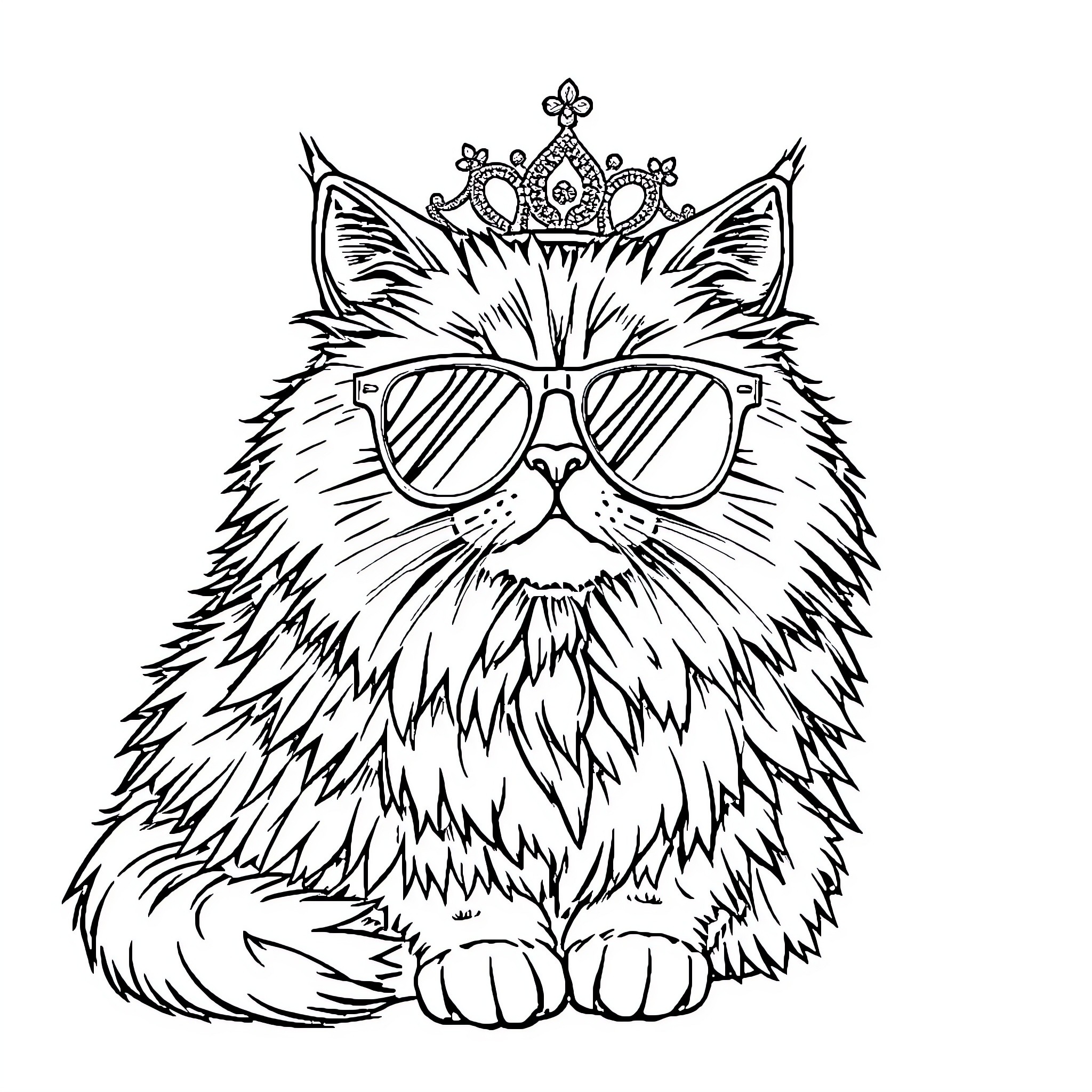 Persian Cat Wearing Crown and Sunglasses Coloring Page (free black-and-white line drawing printable PDF for all, from beginners to advanced learners, including children, teens, adults, and seniors)