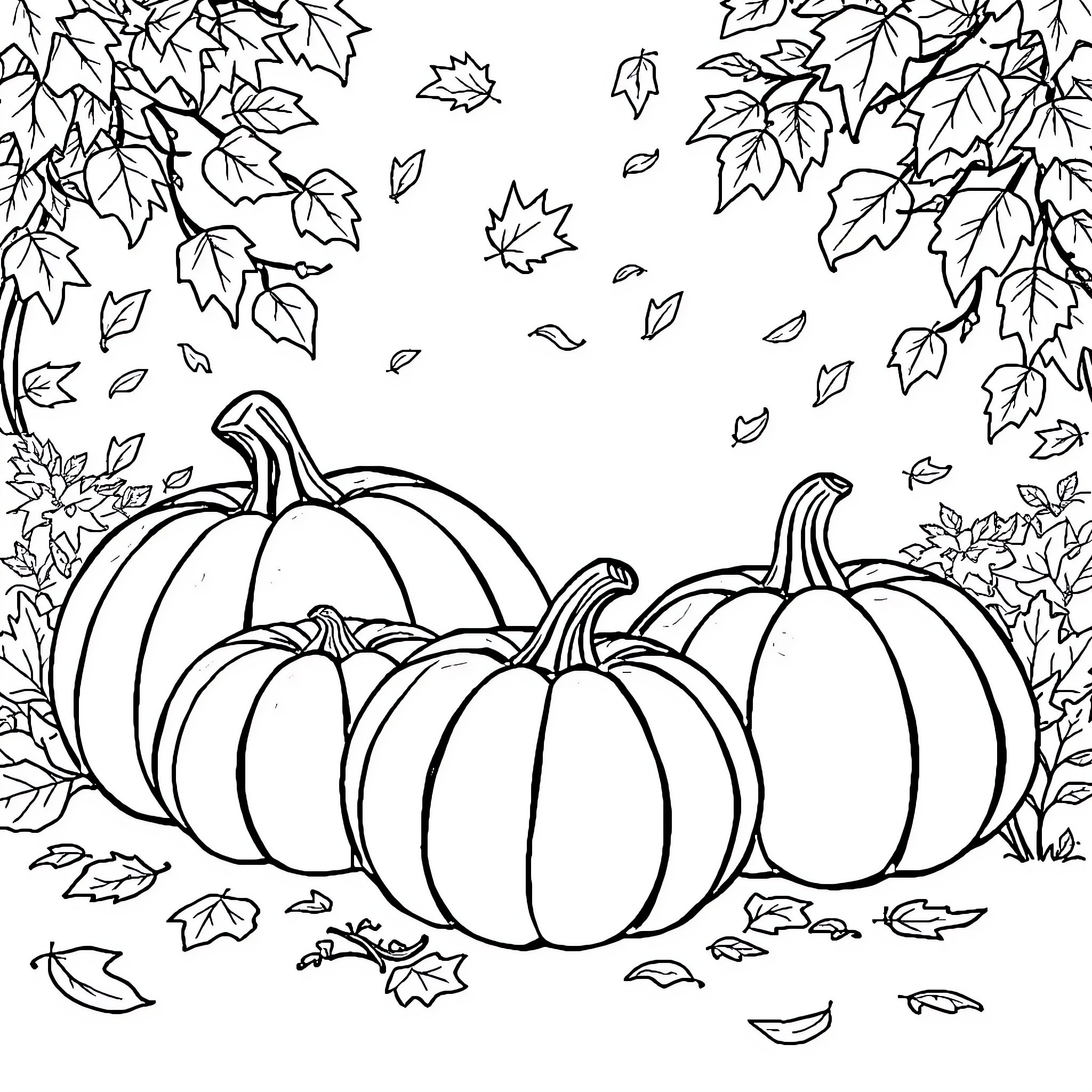 Pumpkin patch with autumn leaves Coloring Page (free black-and-white line drawing printable PDF for all, from beginners to advanced learners, including children, teens, adults, and seniors)