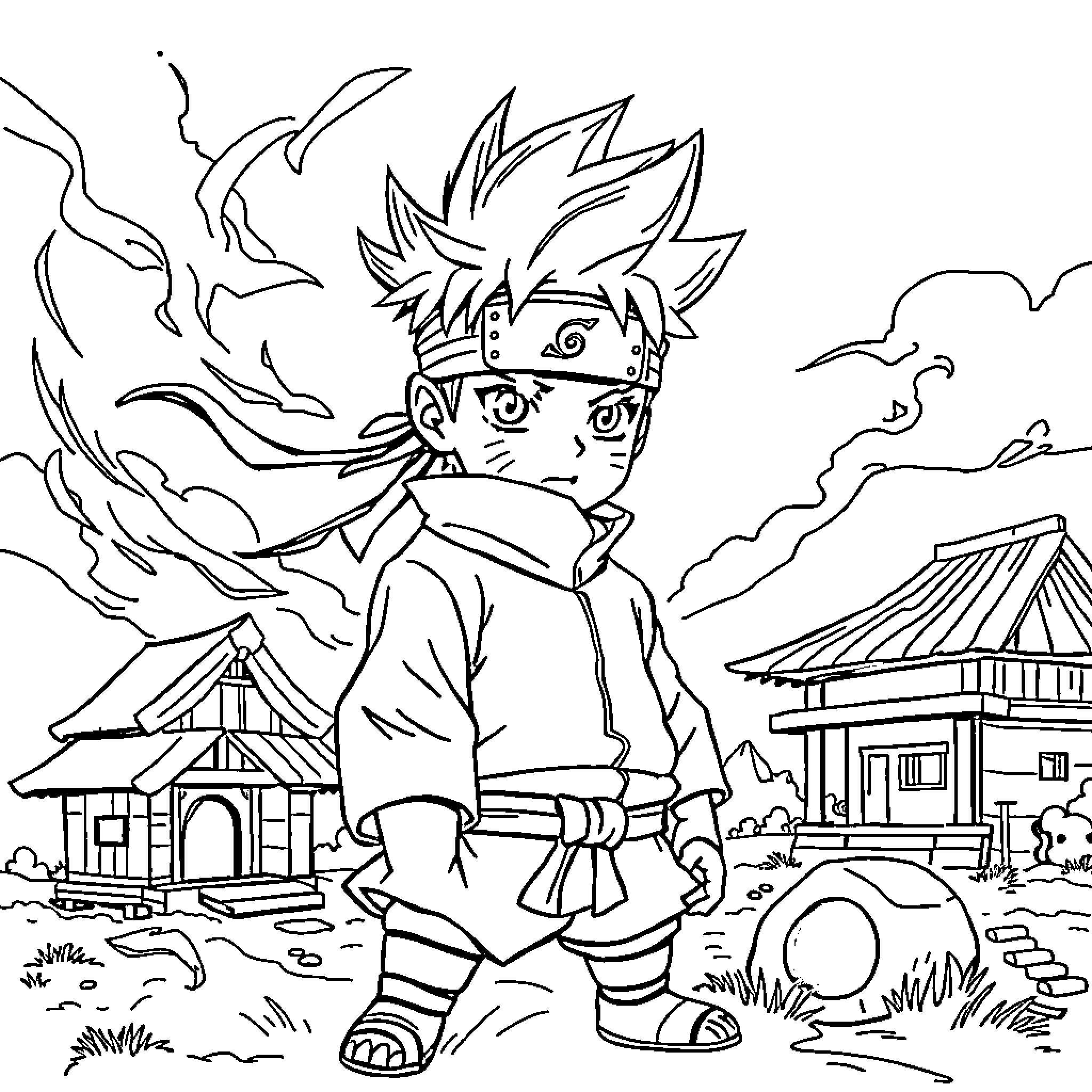 Ninja Warrior Battling in a Serene Landscape Coloring Page (free black-and-white line drawing printable PDF for all, from beginners to advanced learners, including children, teens, adults, and seniors)