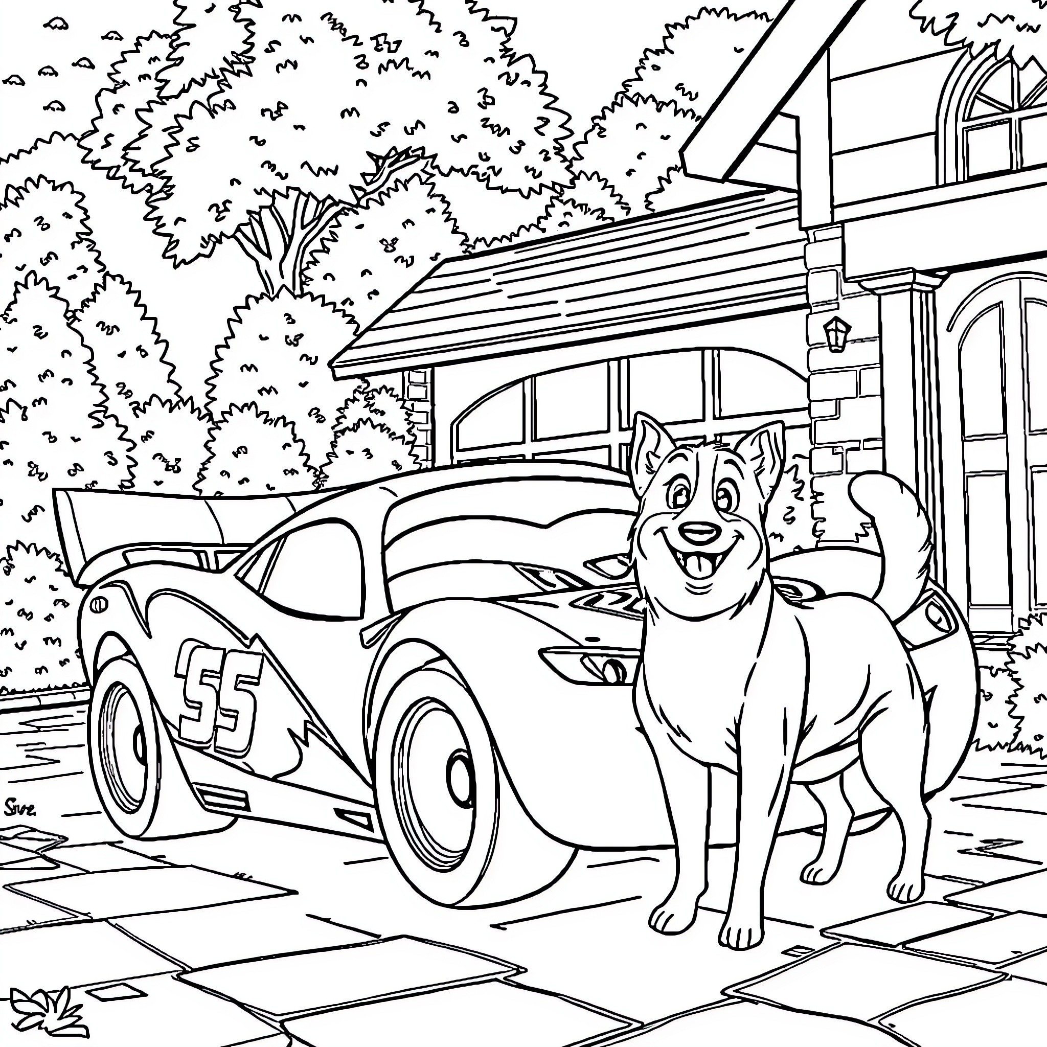 Lightning McQueen with a friendly dog in a forest setting Coloring Page (free black-and-white line drawing printable PDF for all, from beginners to advanced learners, including children, teens, adults, and seniors)