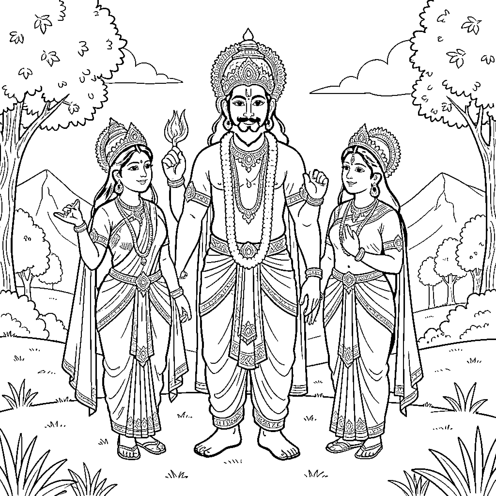 Murugan standing majestically between two female figures in nature Coloring Page (free black-and-white line drawing printable PDF for all, from beginners to advanced learners, including children, teens, adults, and seniors)