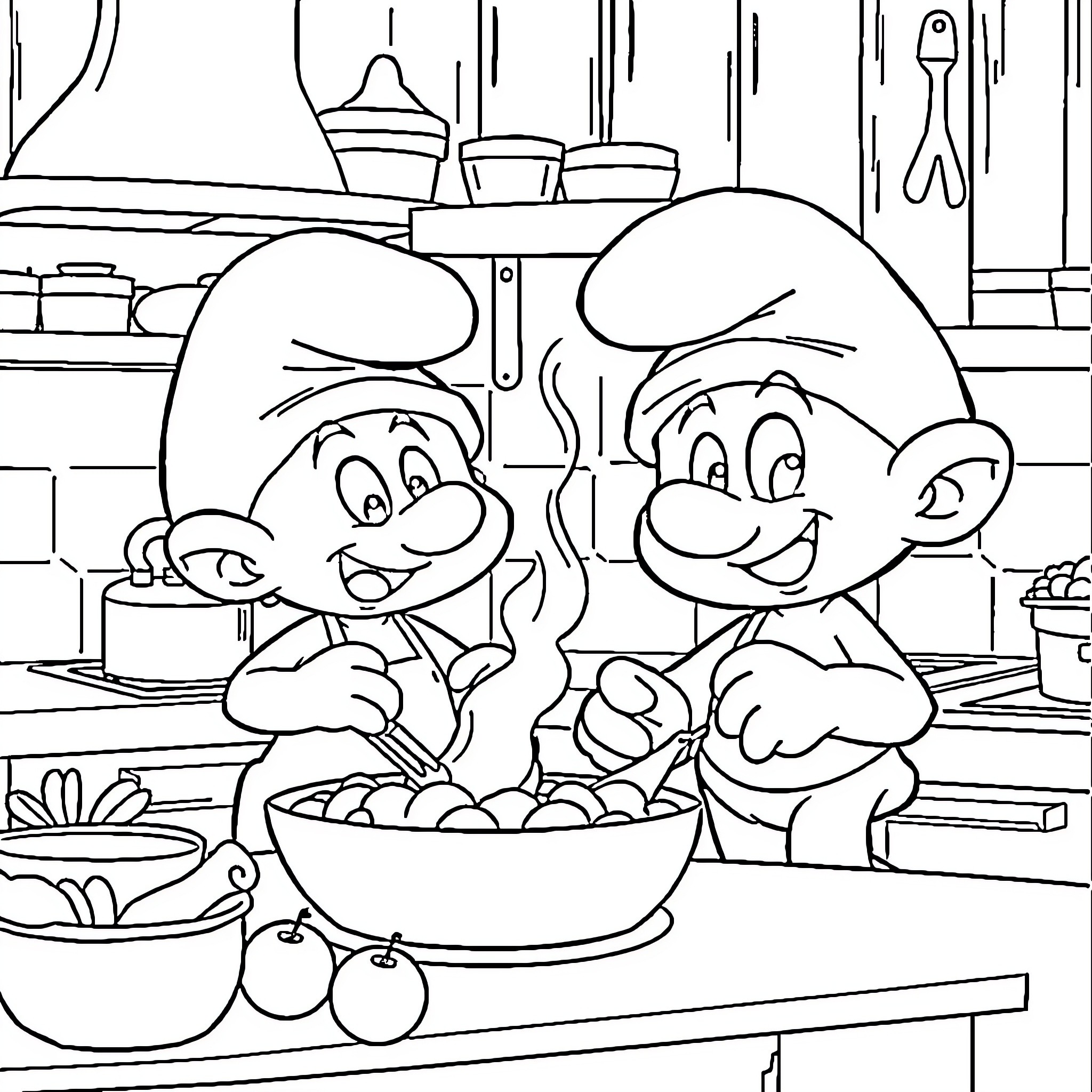 Baby Smurfs Cooking a Meal Together in the Kitchen Coloring Page (free black-and-white line drawing printable PDF for all, from beginners to advanced learners, including children, teens, adults, and seniors)