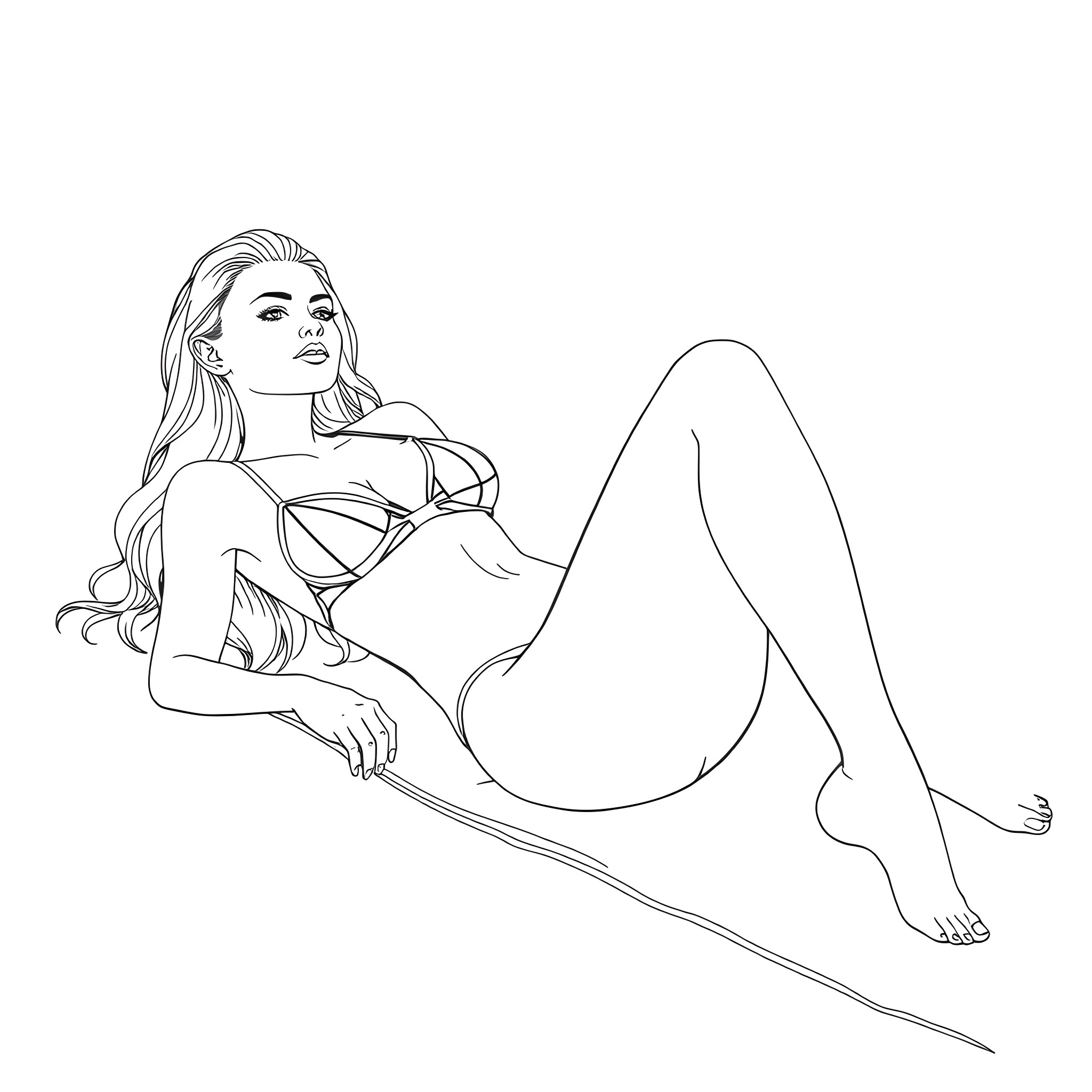 Woman sitting in a relaxed pose Coloring Page (free black-and-white line drawing printable PDF for all, from beginners to advanced learners, including children, teens, adults, and seniors)