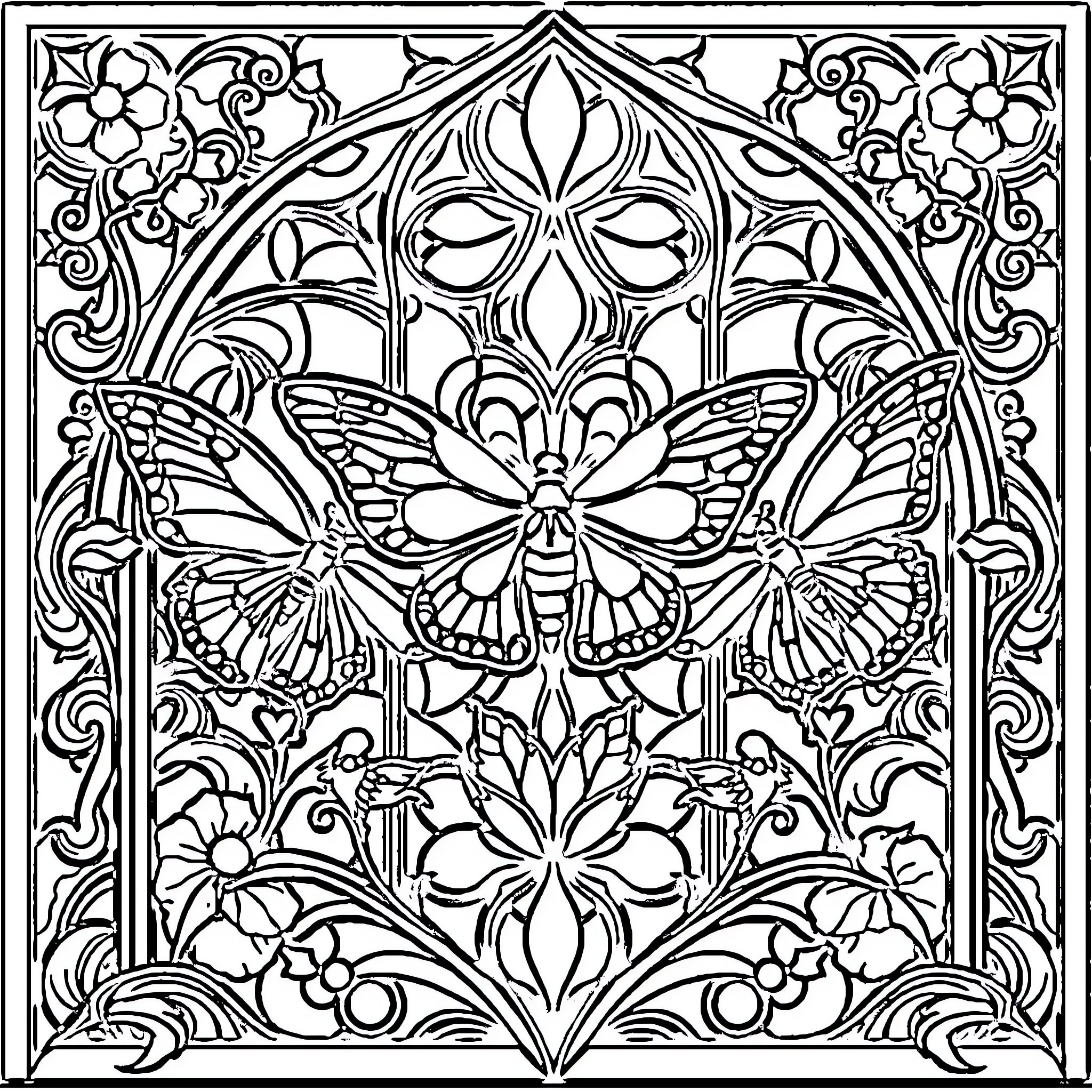 Moth-inspired Gothic Floral Illustration Coloring Page (free black-and-white line drawing printable PDF for all, from beginners to advanced learners, including children, teens, adults, and seniors)