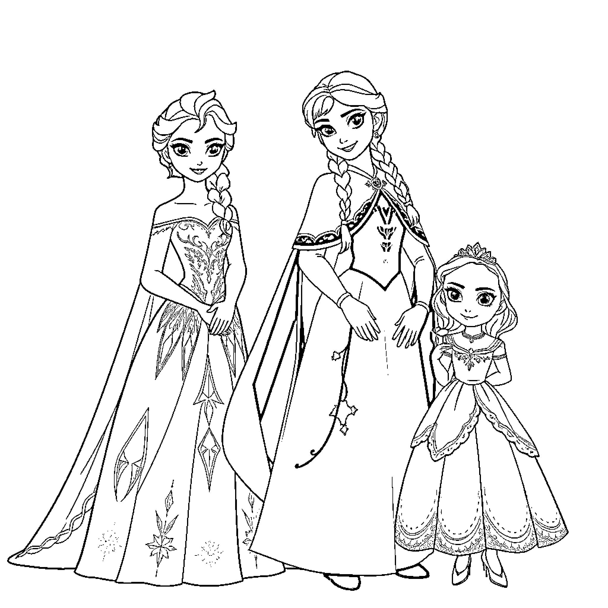 Princess Sisters Showing Their Elegant Outfits Coloring Page (free black-and-white line drawing printable PDF for all, from beginners to advanced learners, including children, teens, adults, and seniors)