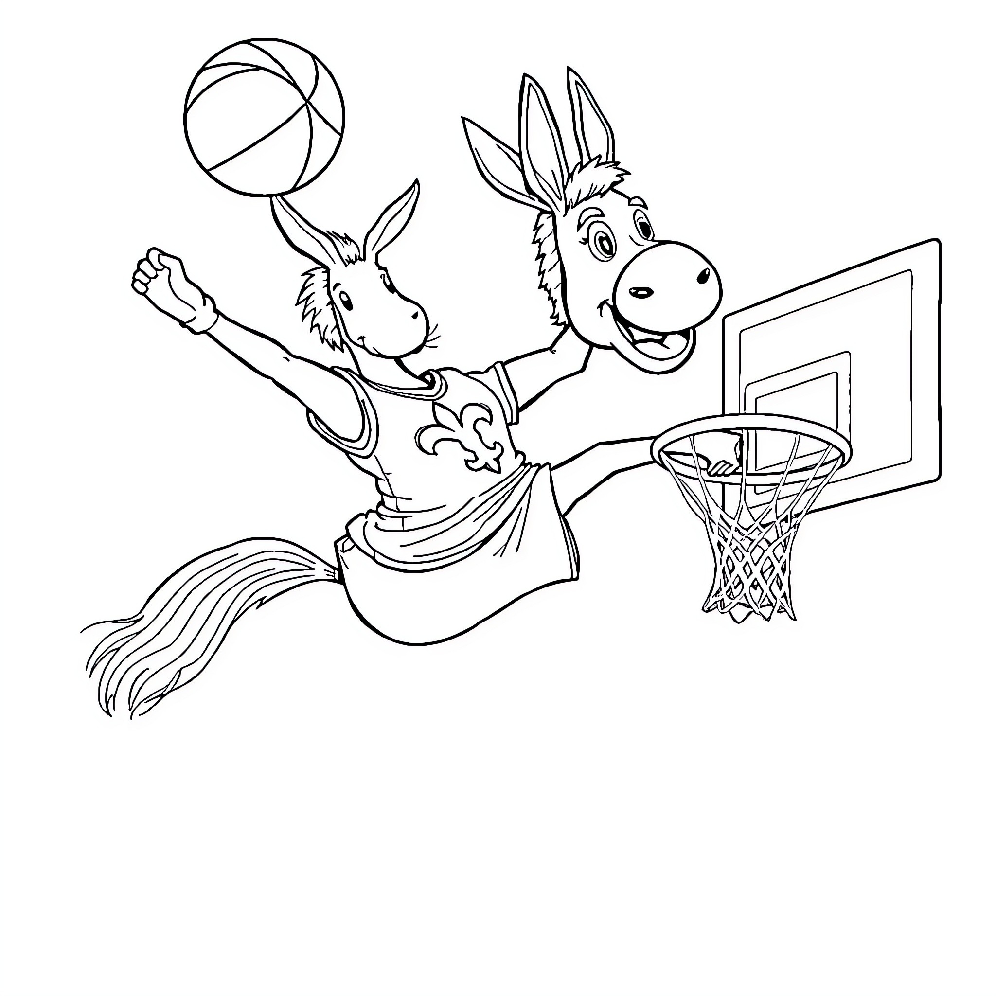 Donkey Hodie playing basketball with enthusiasm Coloring Page (free black-and-white line drawing printable PDF for all, from beginners to advanced learners, including children, teens, adults, and seniors)