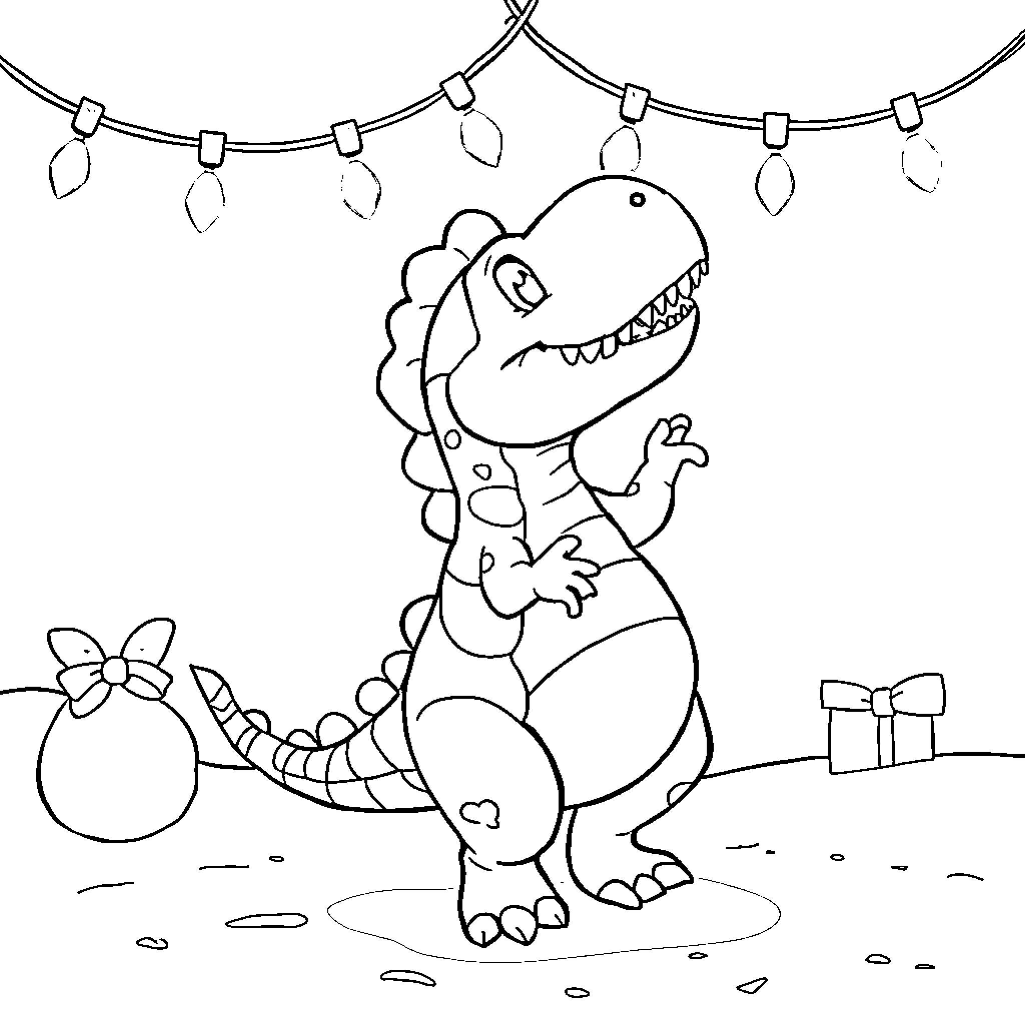 Dinosaur decorates holiday lights and gifts Coloring Page (free black-and-white line drawing printable PDF for all, from beginners to advanced learners, including children, teens, adults, and seniors)