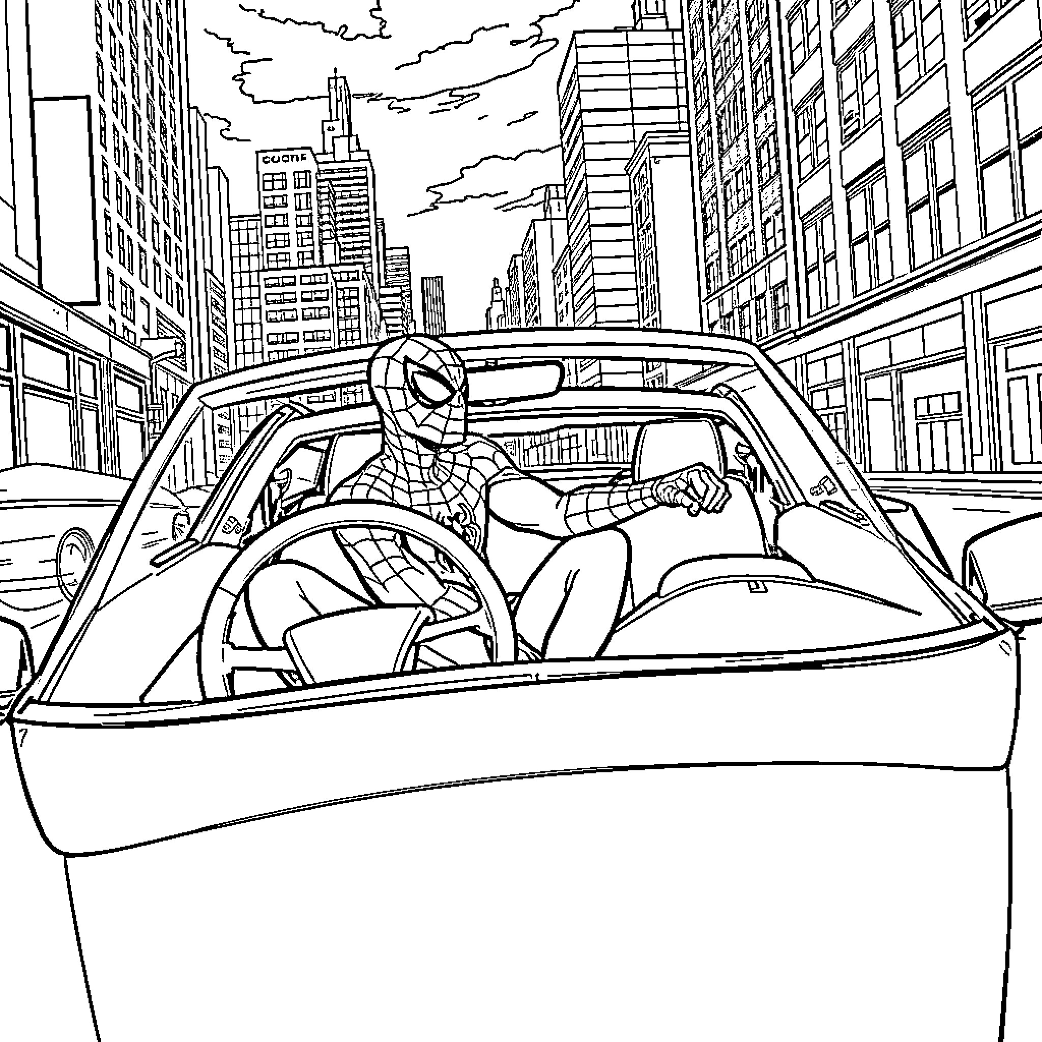 Spiderman swinging through the city in his car Coloring Page (free black-and-white line drawing printable PDF for all, from beginners to advanced learners, including children, teens, adults, and seniors)