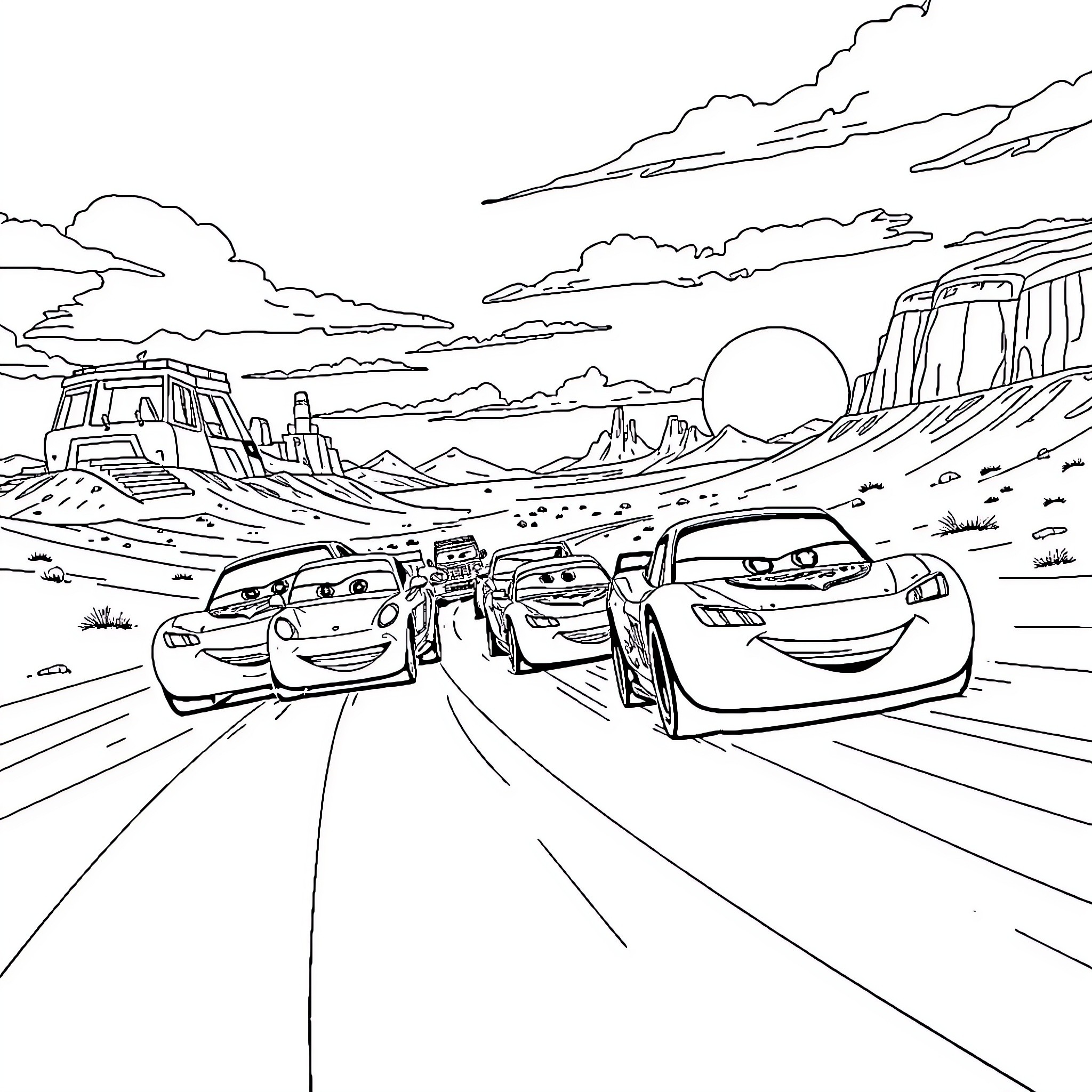 Car Race in the Desert Landscape Coloring Page (free black-and-white line drawing printable PDF for all, from beginners to advanced learners, including children, teens, adults, and seniors)