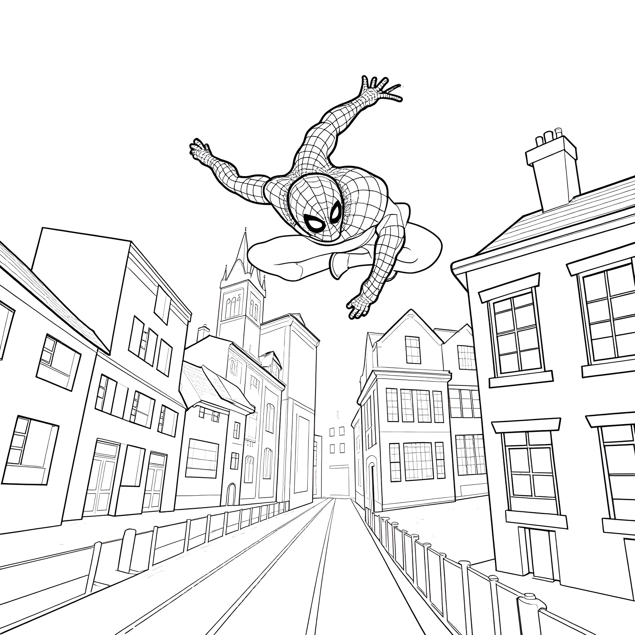 Spiderman swinging through the city skyline Coloring Page (free black-and-white line drawing printable PDF for all, from beginners to advanced learners, including children, teens, adults, and seniors)