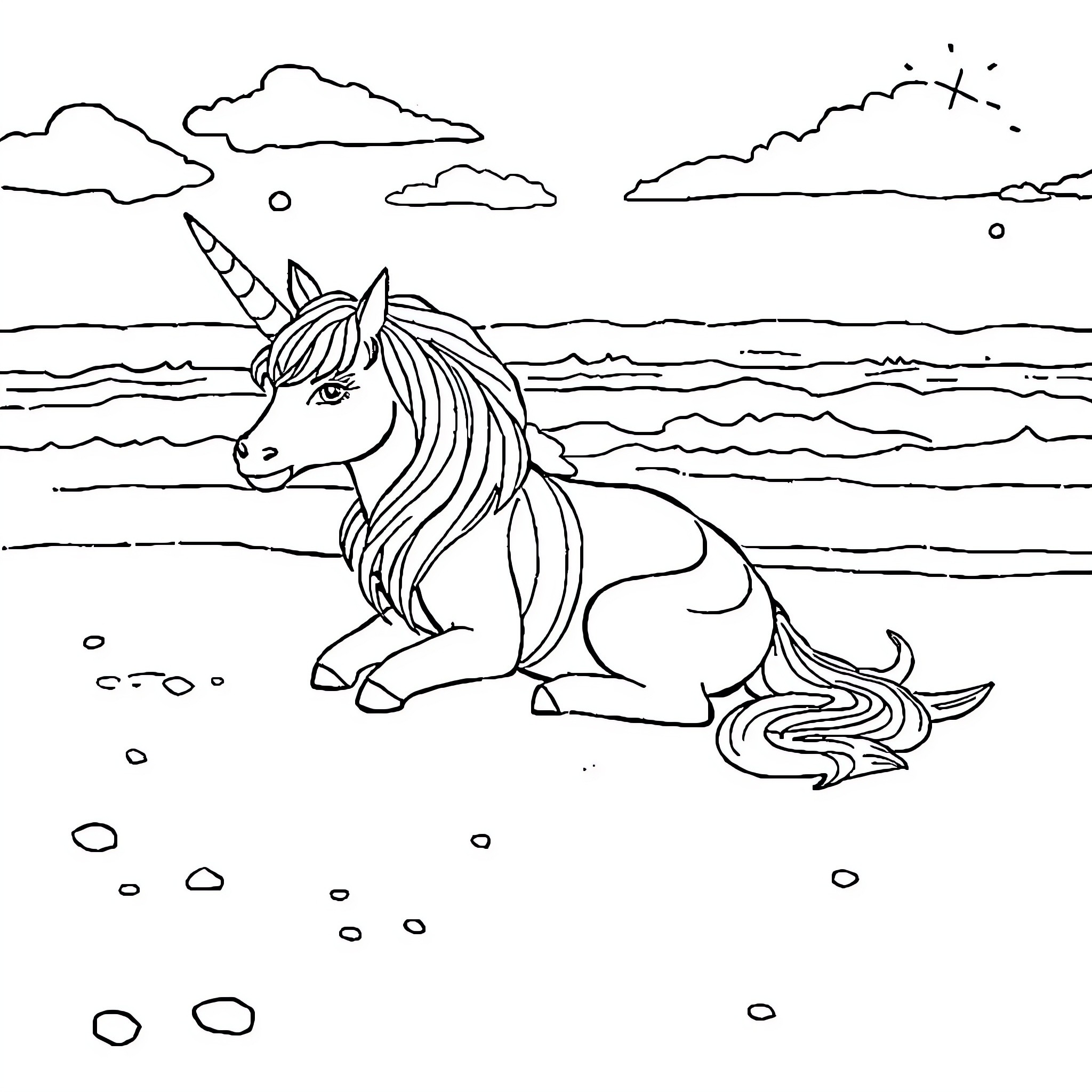 Unicorn resting peacefully by the ocean Coloring Page (free black-and-white line drawing printable PDF for all, from beginners to advanced learners, including children, teens, adults, and seniors)