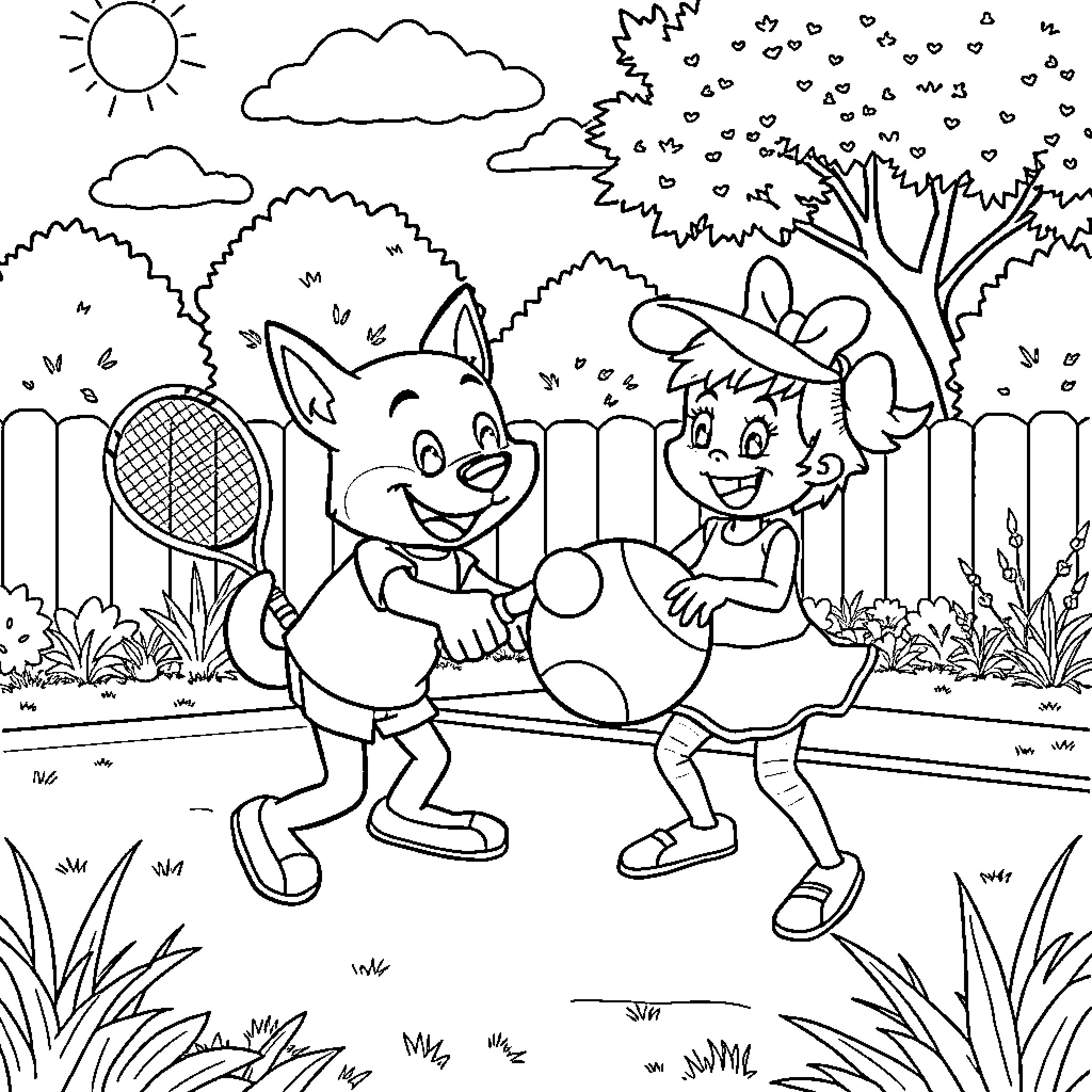Bluey and Bingo playing sports outdoors Coloring Page (free black-and-white line drawing printable PDF for all, from beginners to advanced learners, including children, teens, adults, and seniors)