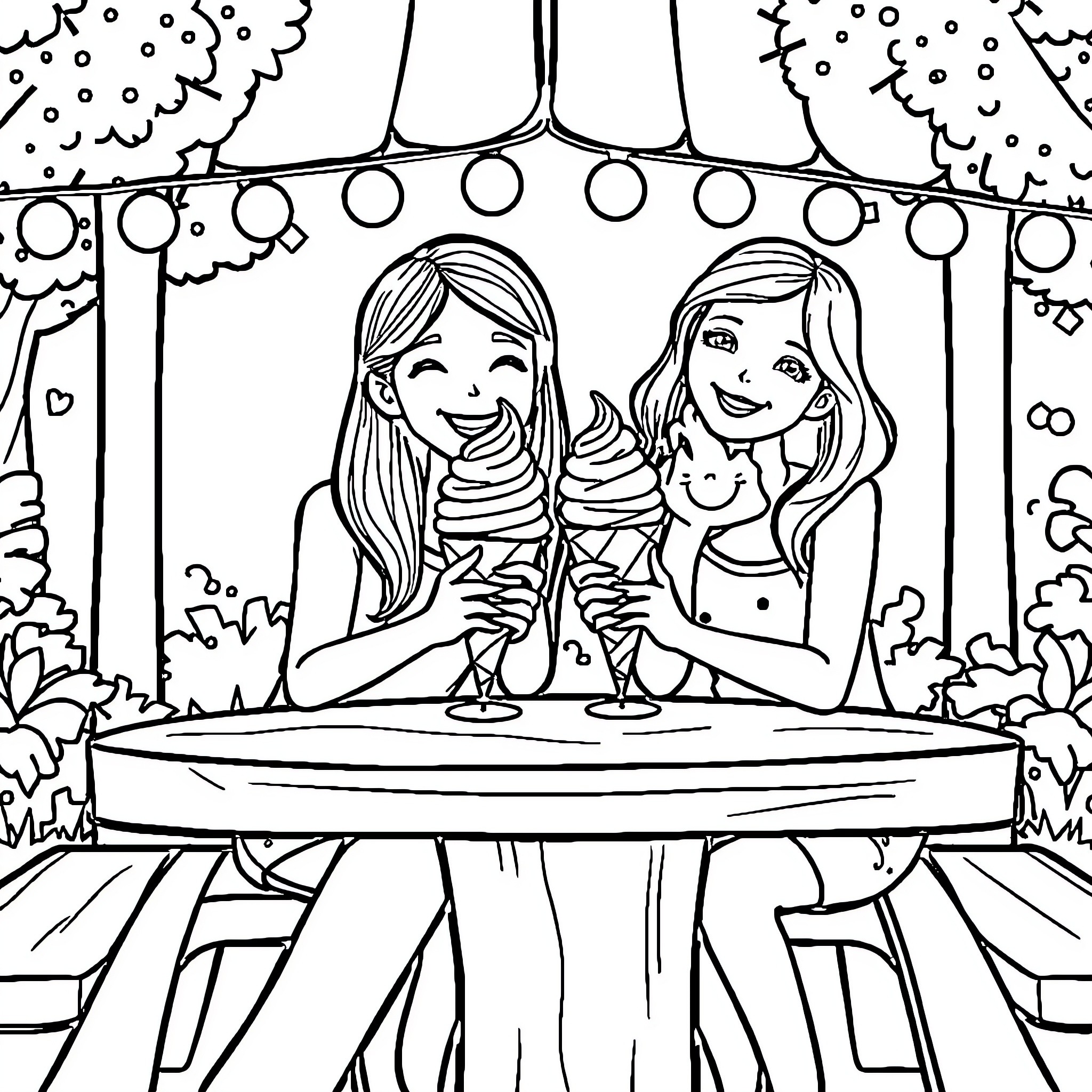 Mom and Daughter Sharing Ice Cream at Outdoor Cafe Coloring Page (free black-and-white line drawing printable PDF for all, from beginners to advanced learners, including children, teens, adults, and seniors)
