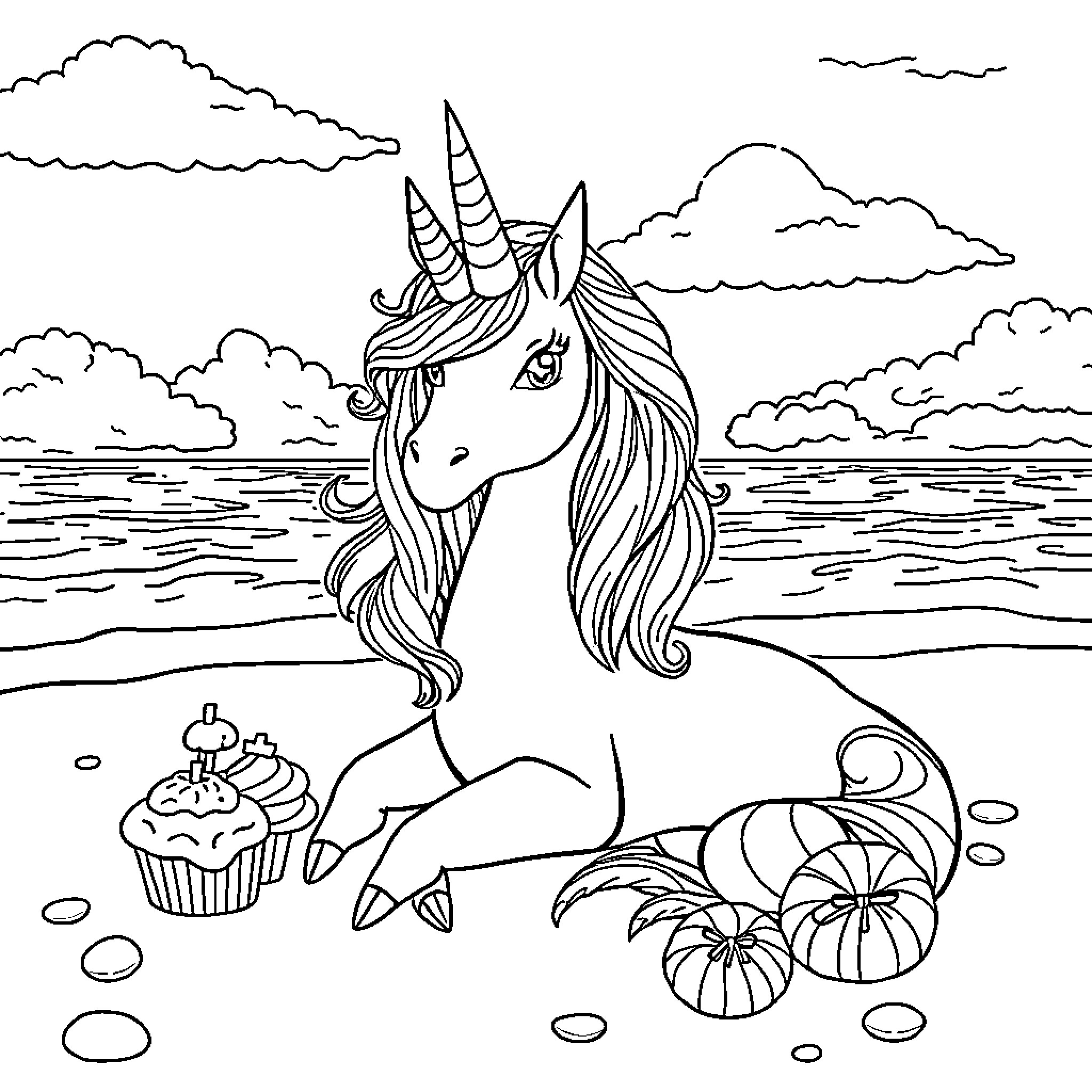 Licorne enjoying a seaside picnic with treats Coloring Page (free black-and-white line drawing printable PDF for all, from beginners to advanced learners, including children, teens, adults, and seniors)