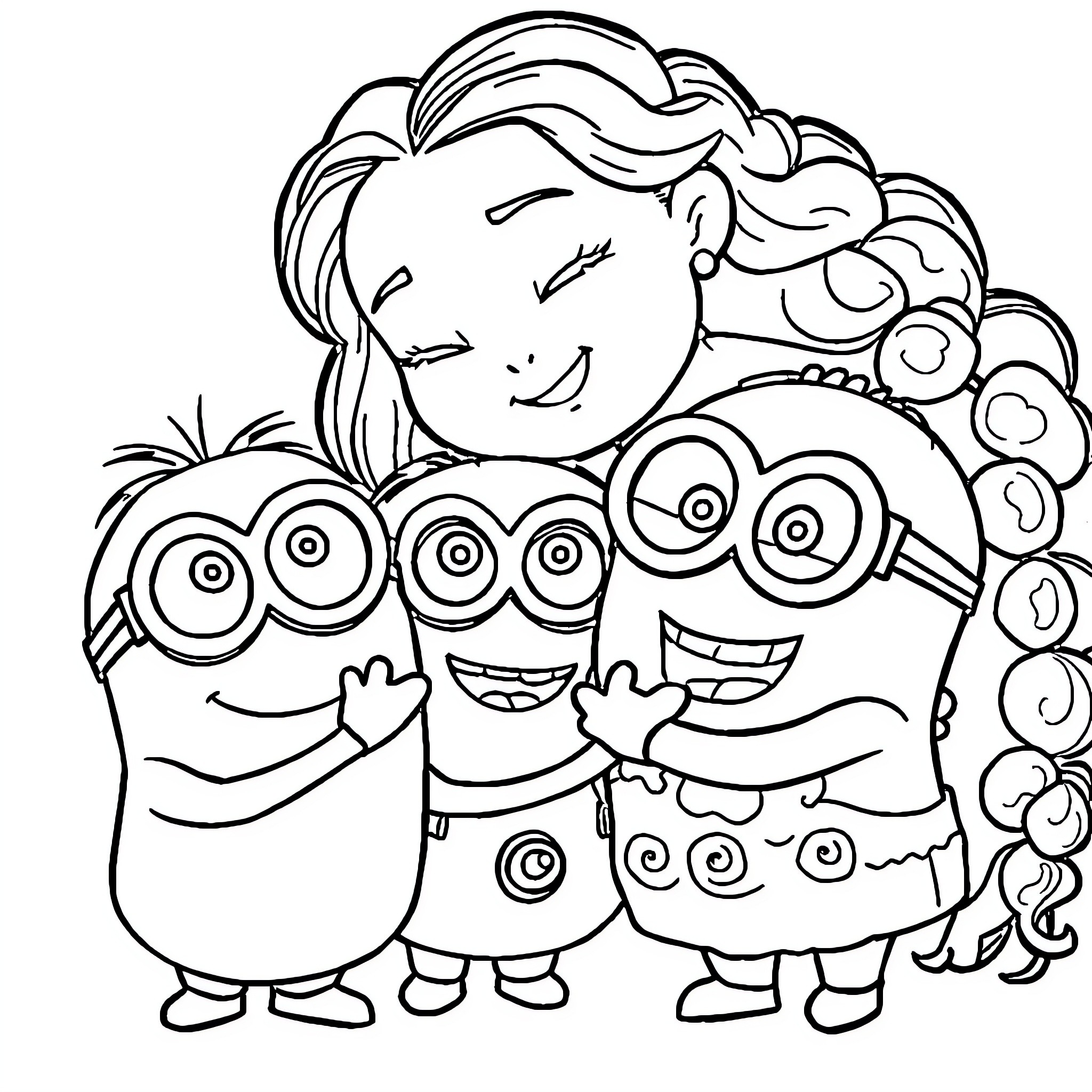 Moana enjoying time with her Minion friends Coloring Page (free black-and-white line drawing printable PDF for all, from beginners to advanced learners, including children, teens, adults, and seniors)