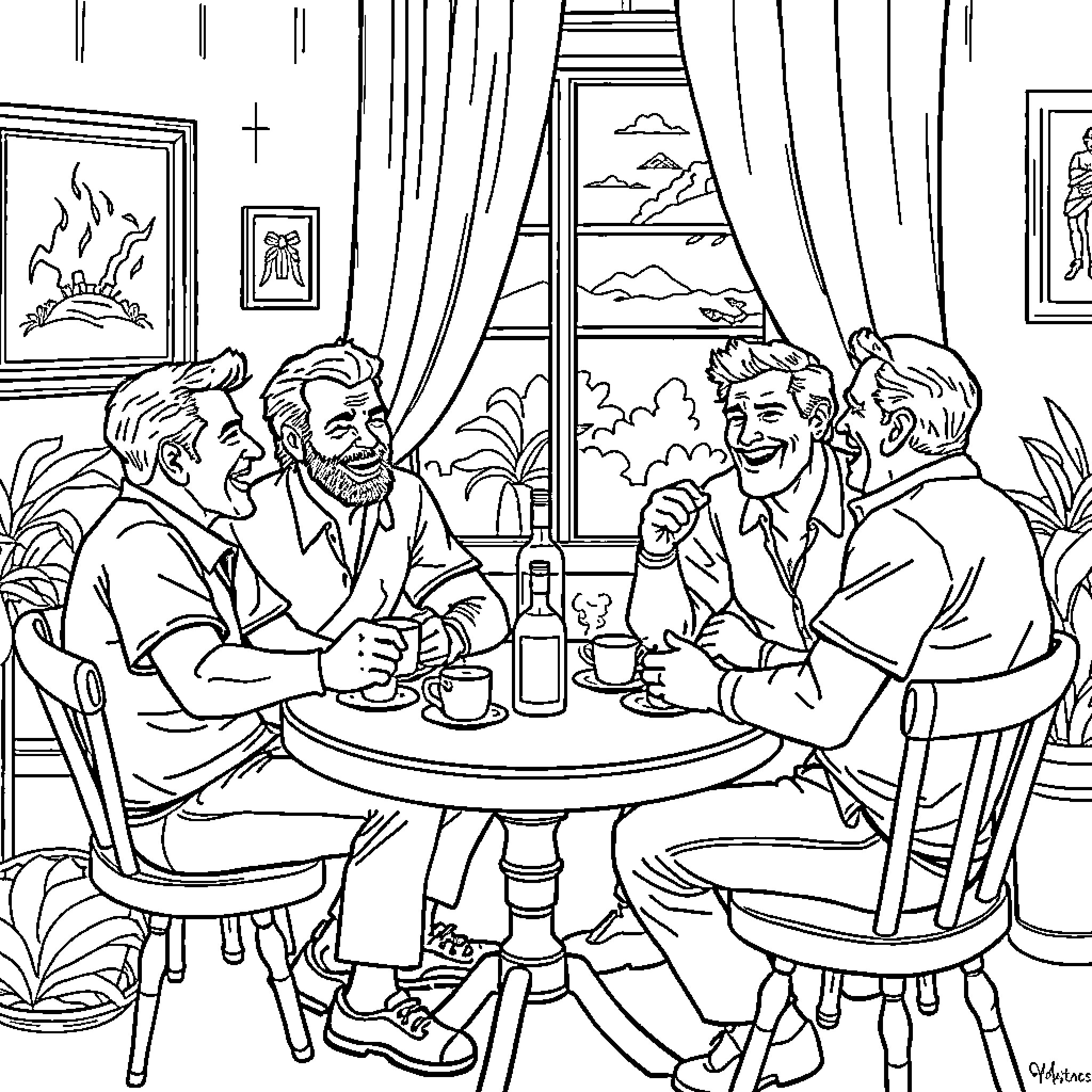 President and Men in Conversation at Cafe Coloring Page (free black-and-white line drawing printable PDF for all, from beginners to advanced learners, including children, teens, adults, and seniors)