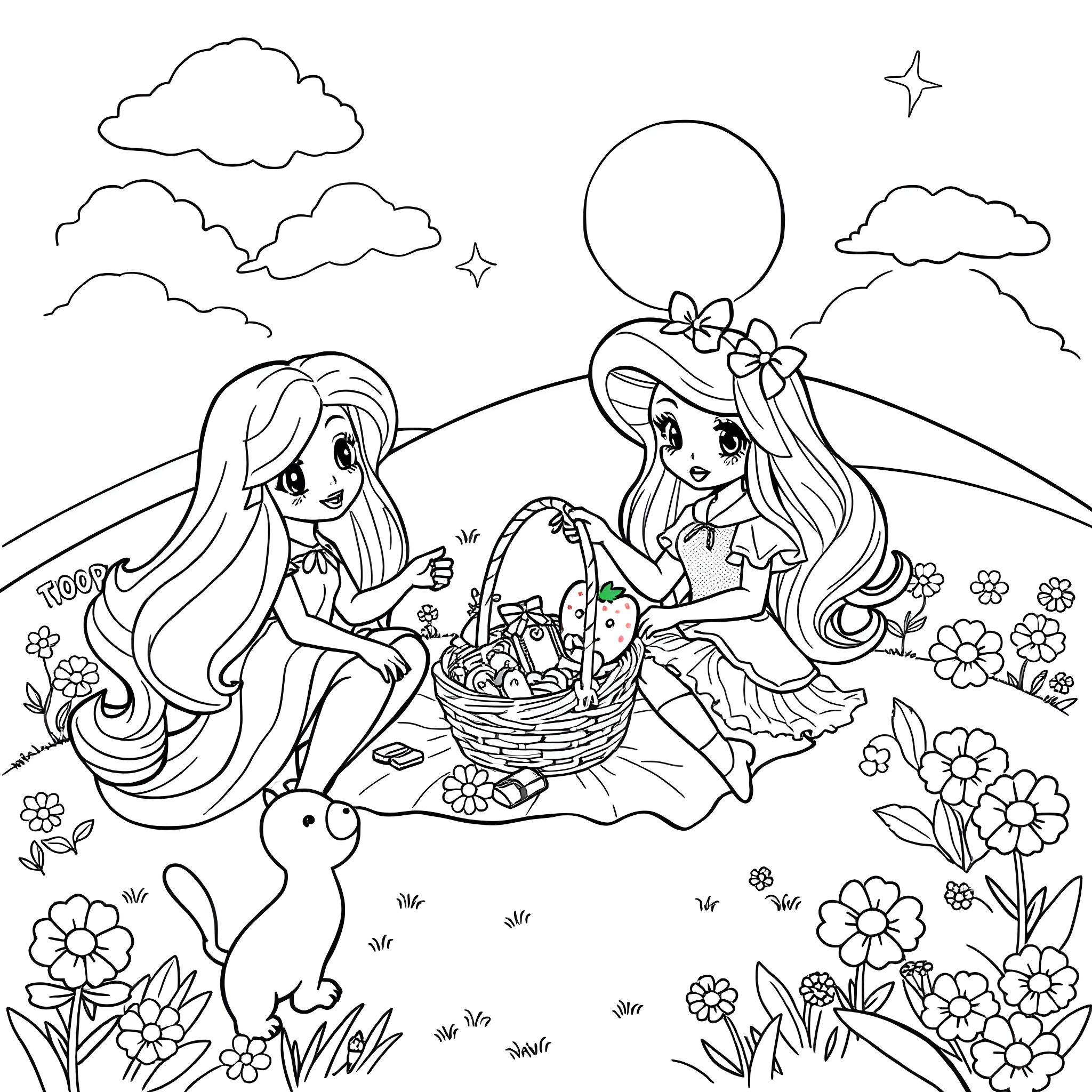 Rainbow Brite Girls Enjoying Picnic in Nature Coloring Page (free black-and-white line drawing printable PDF for all, from beginners to advanced learners, including children, teens, adults, and seniors)