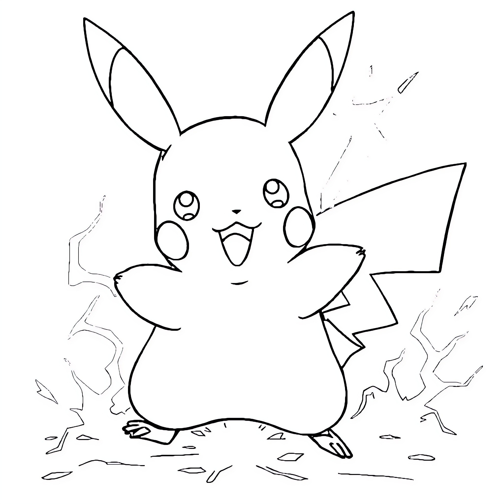 Pikachu surprised in an electric storm Coloring Page (free black-and-white line drawing printable PDF for all, from beginners to advanced learners, including children, teens, adults, and seniors)