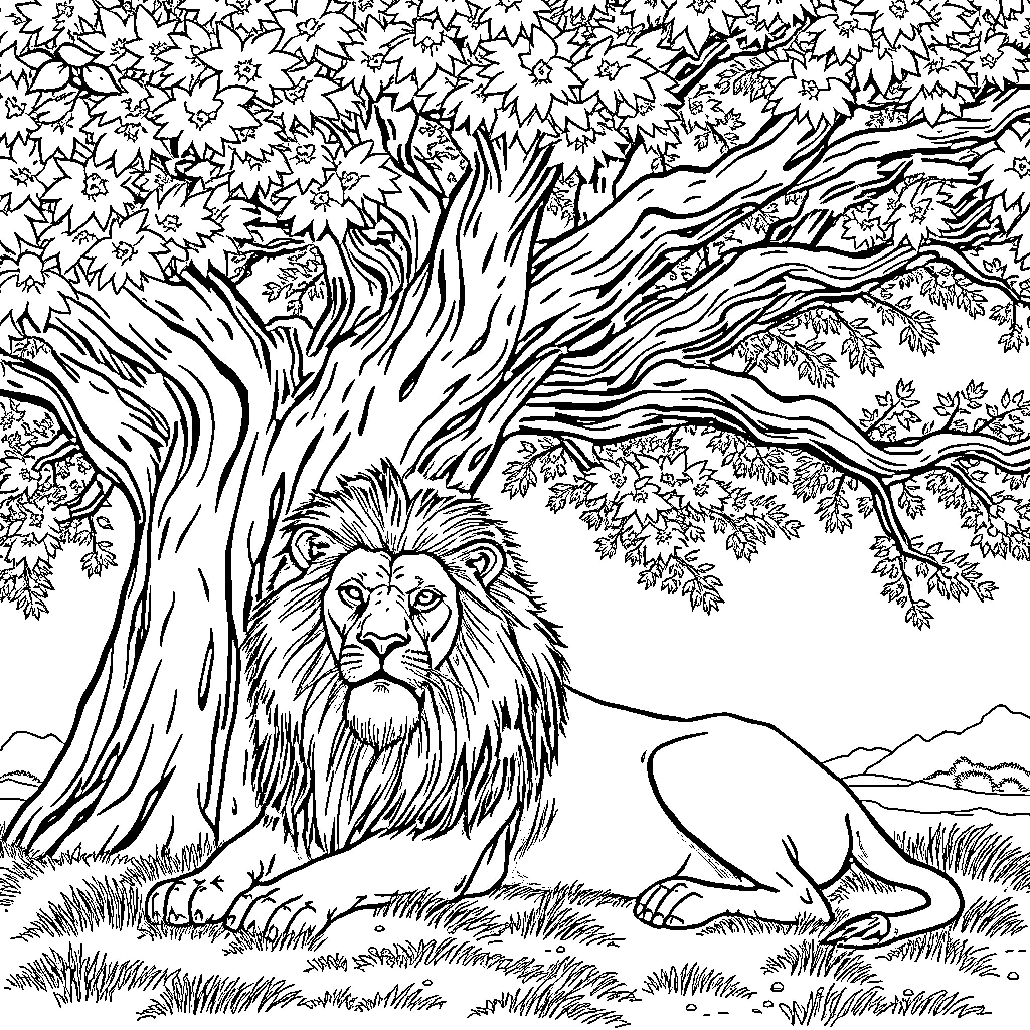 Lion resting peacefully under the majestic tree Coloring Page (free black-and-white line drawing printable PDF for all, from beginners to advanced learners, including children, teens, adults, and seniors)